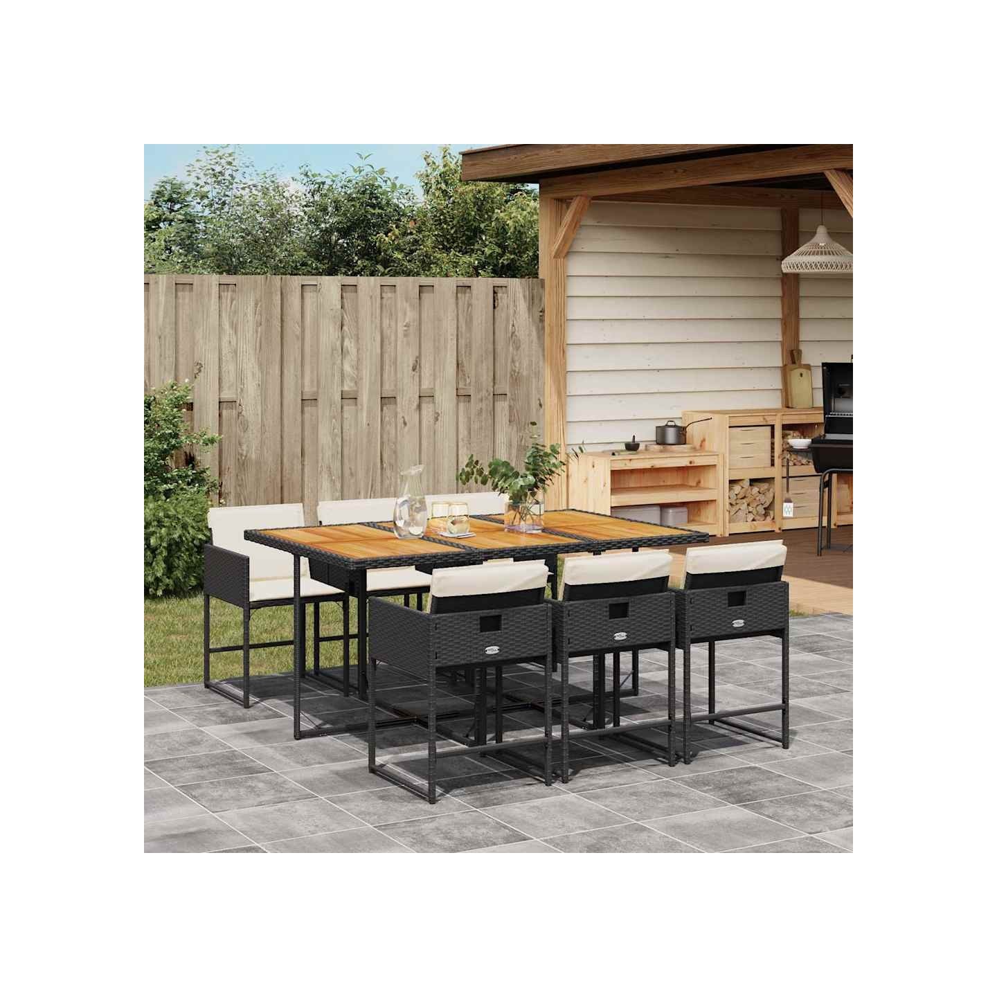 Ensemble à manger de jardin coussins 7pcs Noir Résine tressée