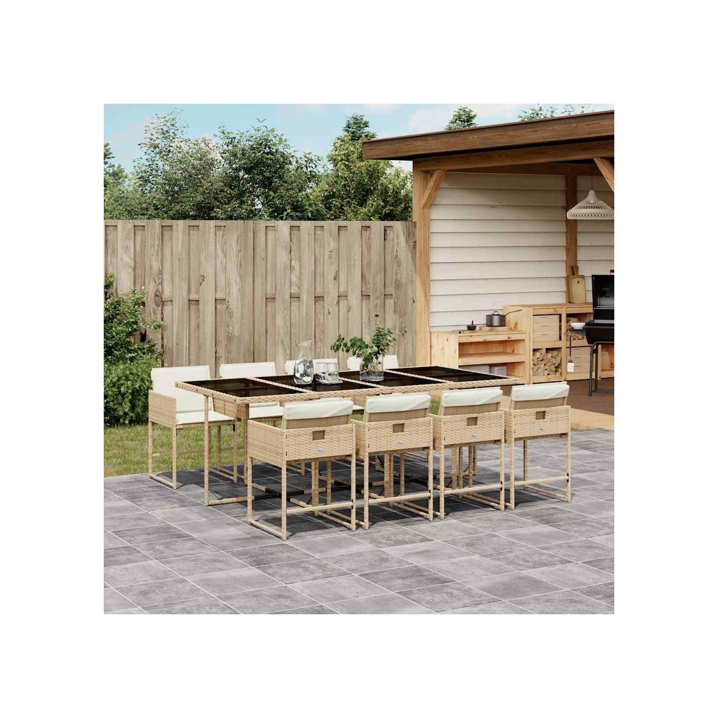 Ensemble à manger de jardin et coussins 9 pcs beige Poly rotin