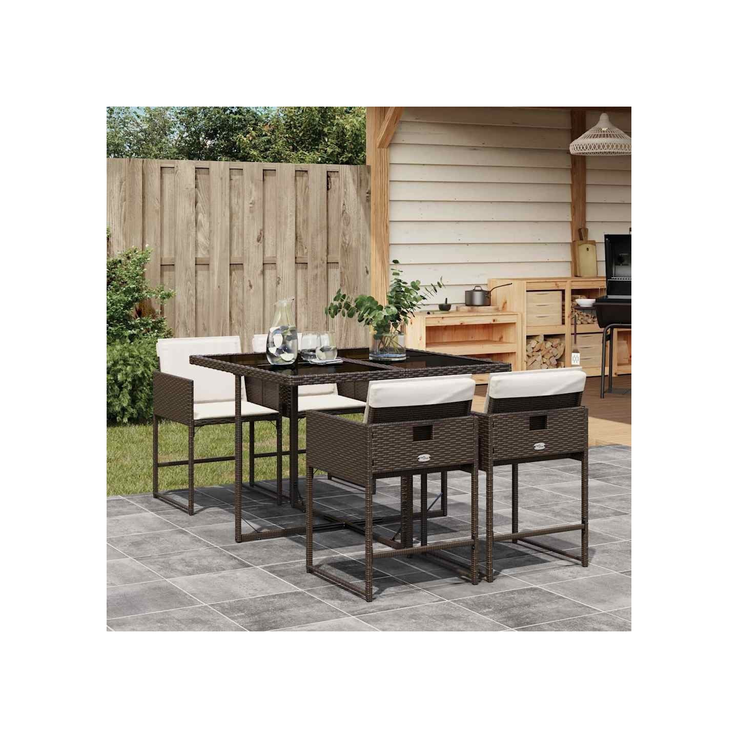 Ensemble à manger de jardin 5 pcs et coussins marron poly rotin