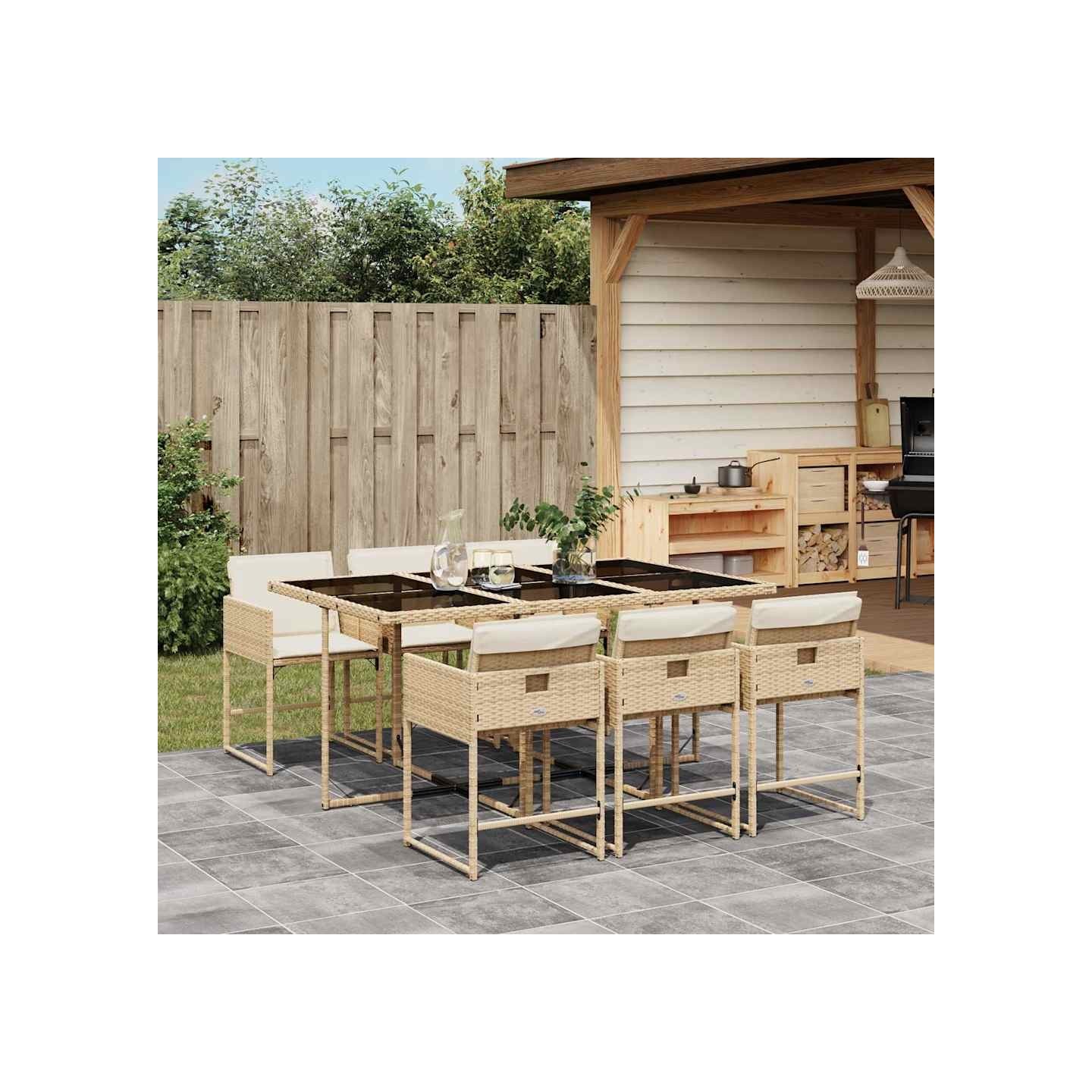 Ensemble à manger de jardin et coussins 7 pcs beige poly rotin
