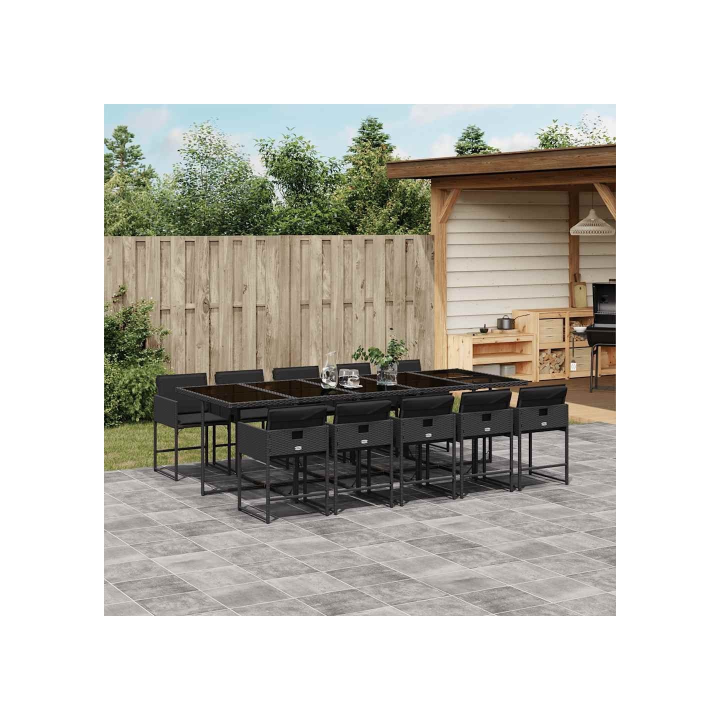 Ensemble à manger de jardin 11 pcs coussins noir résine tressée