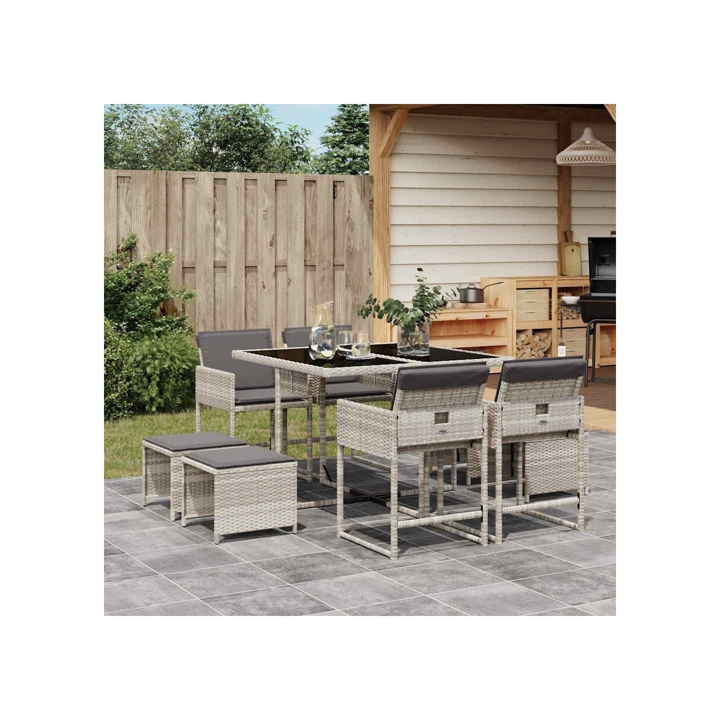 Ensemble à manger de jardin et coussins 9 pcs gris clair rotin