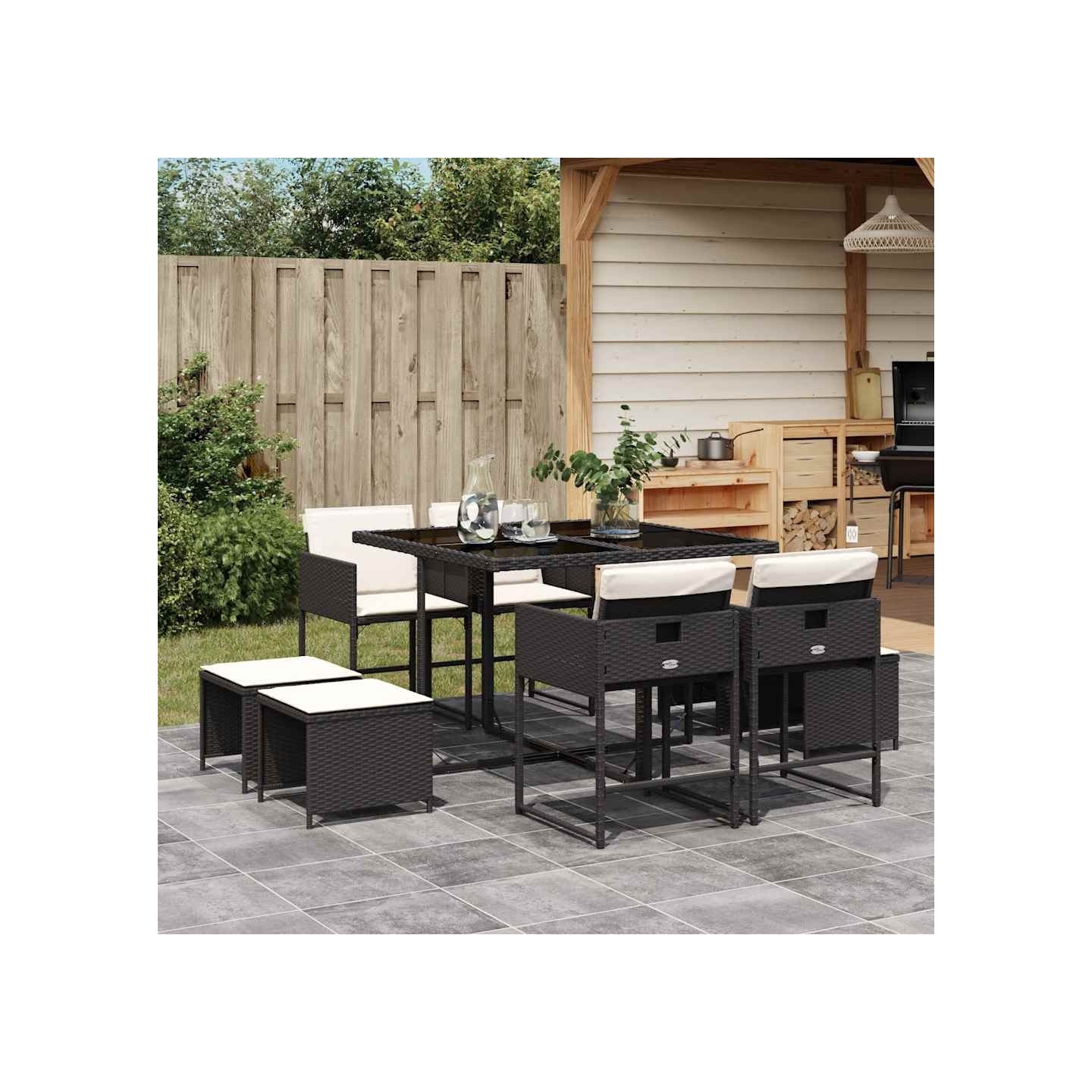Ensemble à manger de jardin 9pcs coussins noir résine tressée