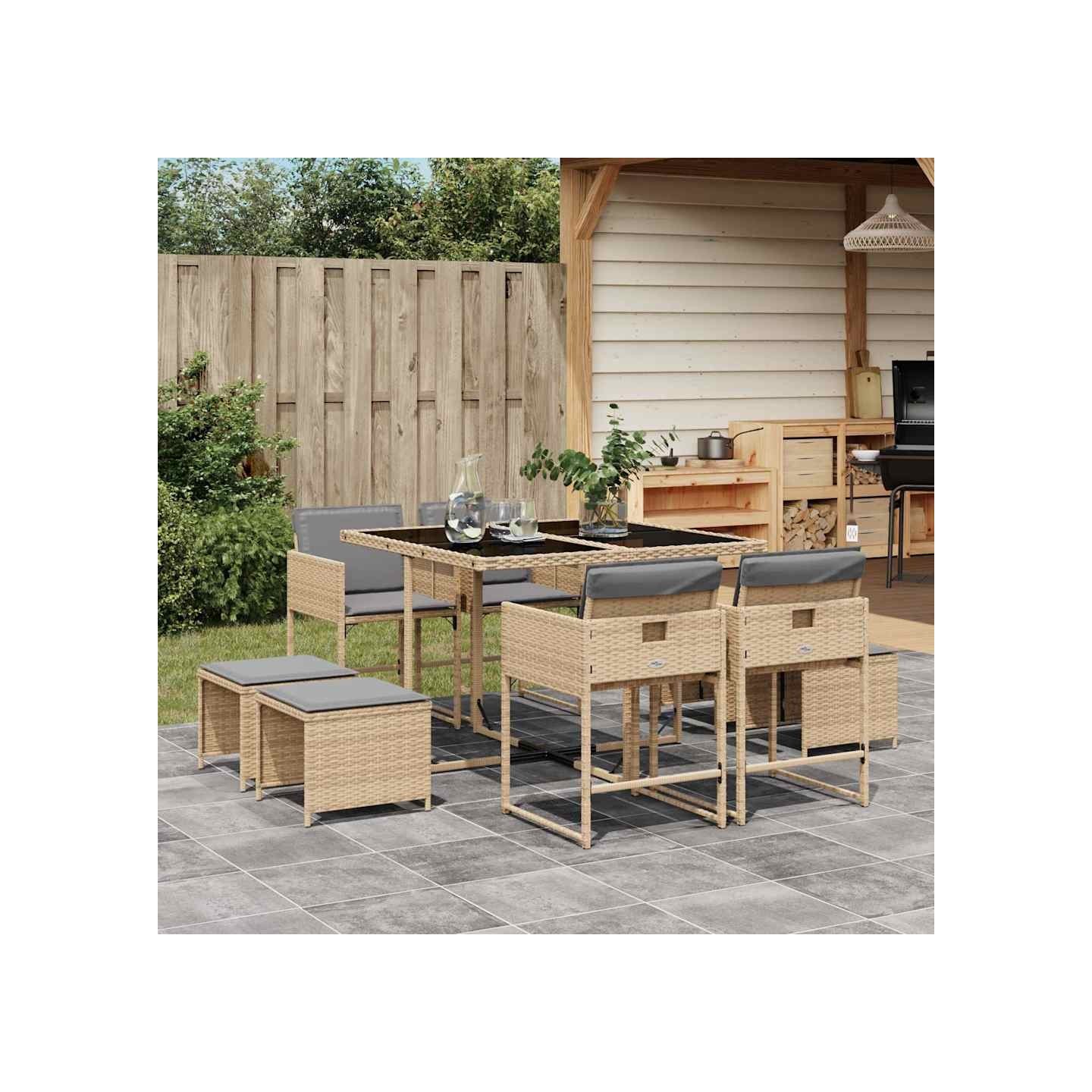 Ensemble à manger de jardin et coussins 9 pcs mélange beige