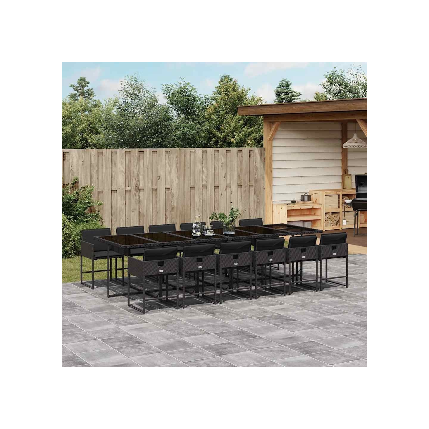 Ensemble à manger de jardin 13 pcs coussins noir résine tressée