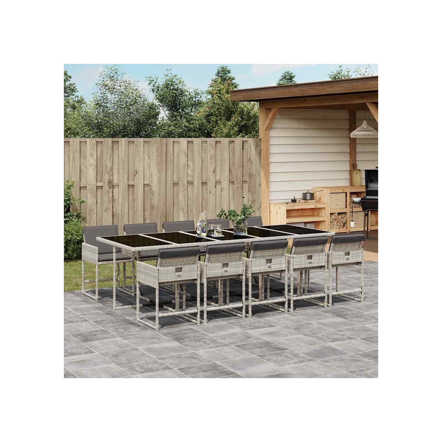 Ensemble à manger de jardin 11pcs avec coussins gris poly rotin