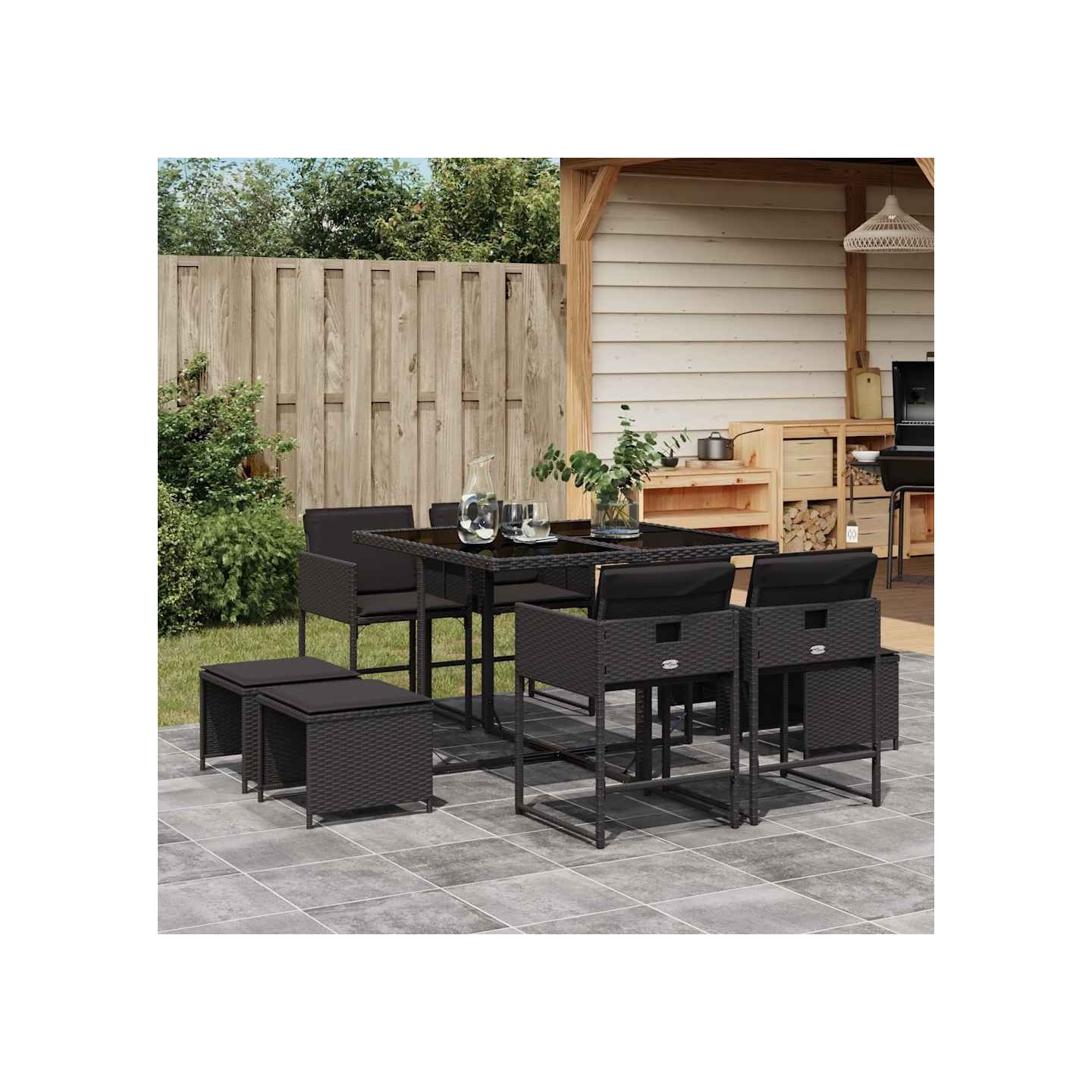 Ensemble à manger de jardin 9pcs coussins noir résine tressée