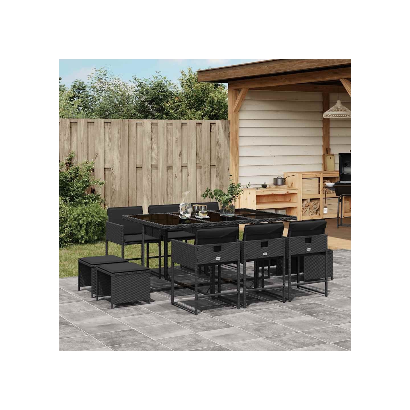 Ensemble à manger de jardin 11 pcs coussins noir résine tressée