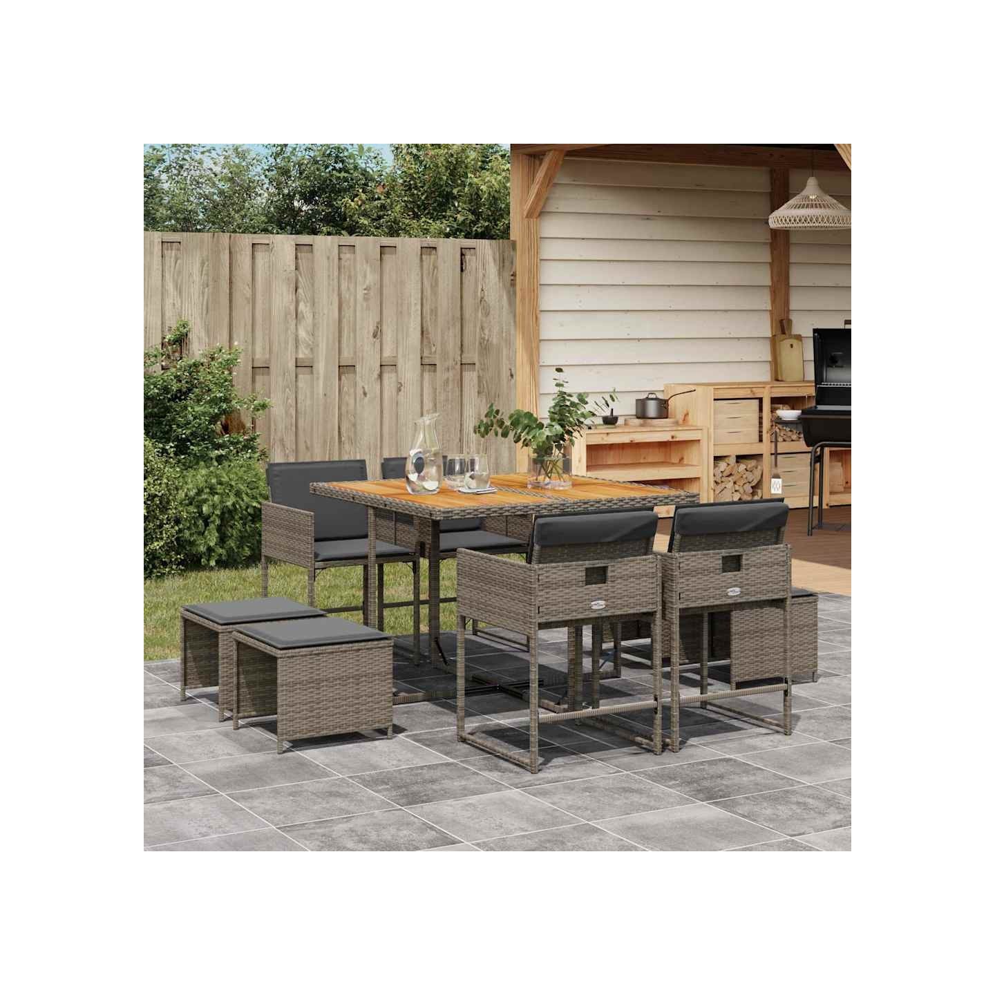 Ensemble à manger de jardin 9 pcs coussins gris résine tressée