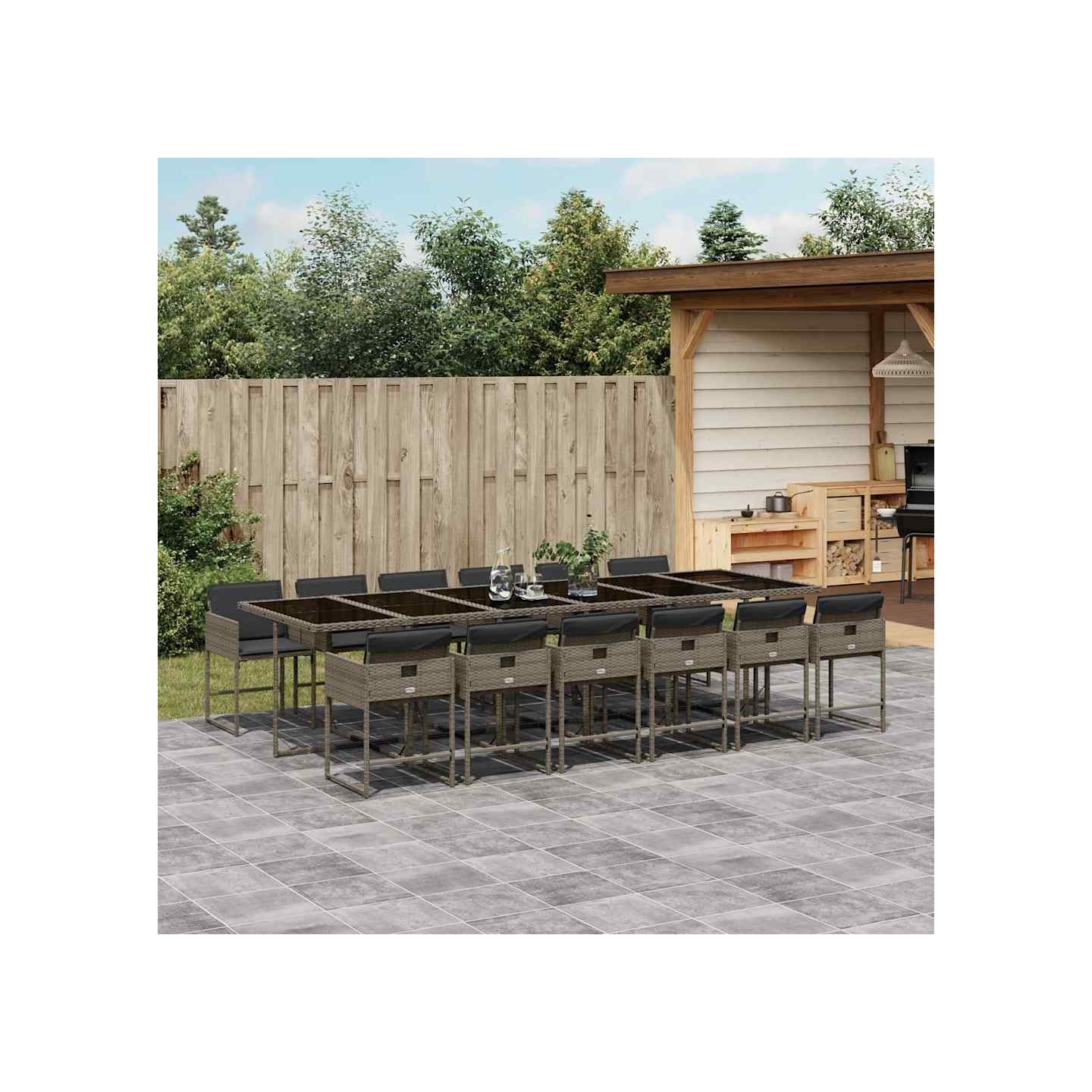 Ensemble à manger de jardin coussins 13 pcs gris résine tressée