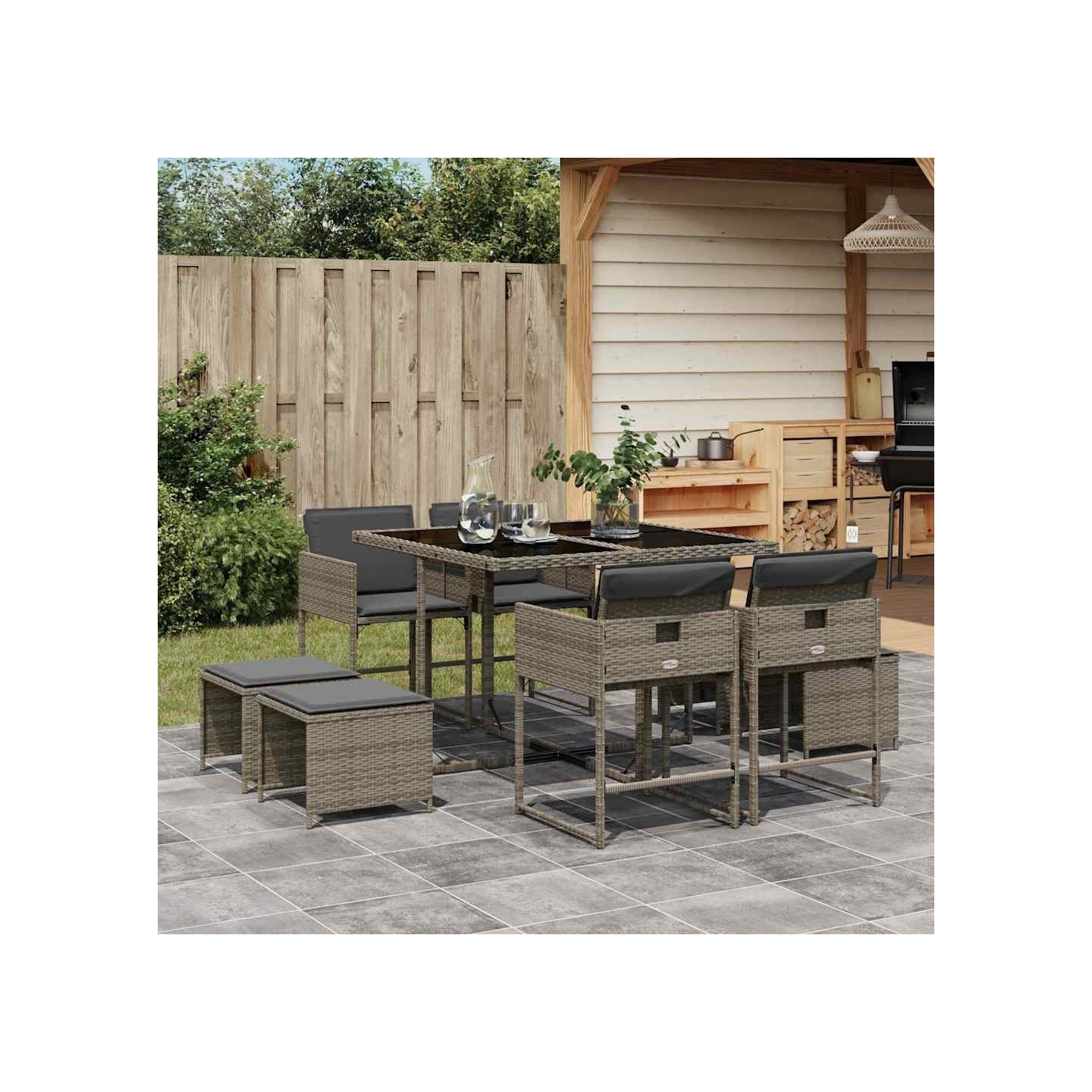 Ensemble à manger de jardin 9 pcs coussins gris résine tressée