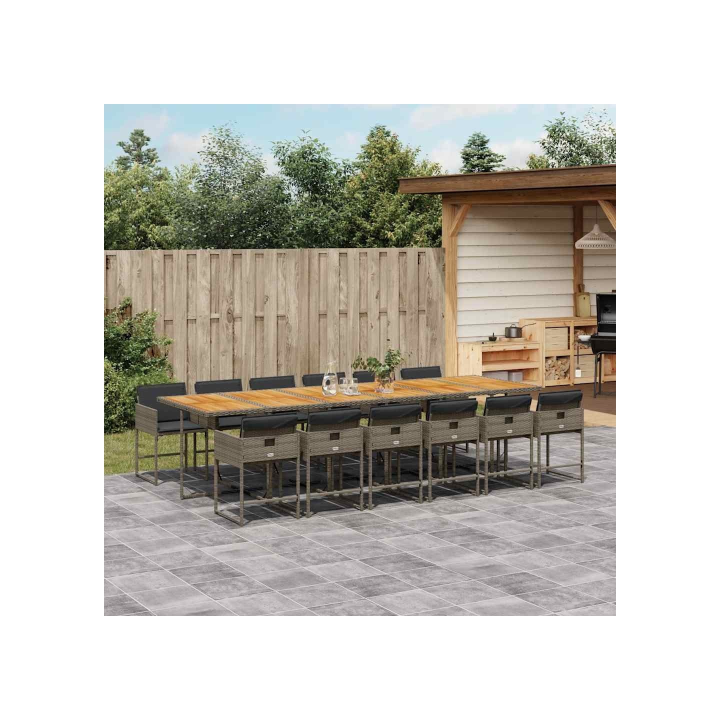 Ensemble à manger de jardin coussins 13 pcs gris résine tressée