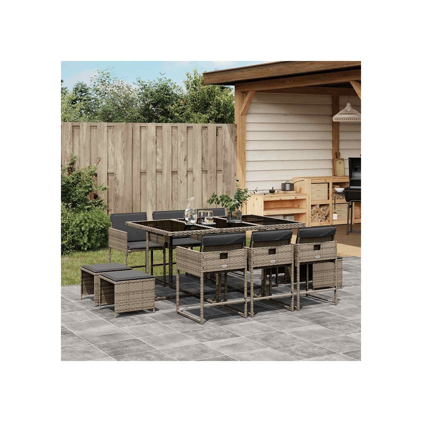 Ensemble à manger de jardin 11pcs avec coussins gris poly rotin