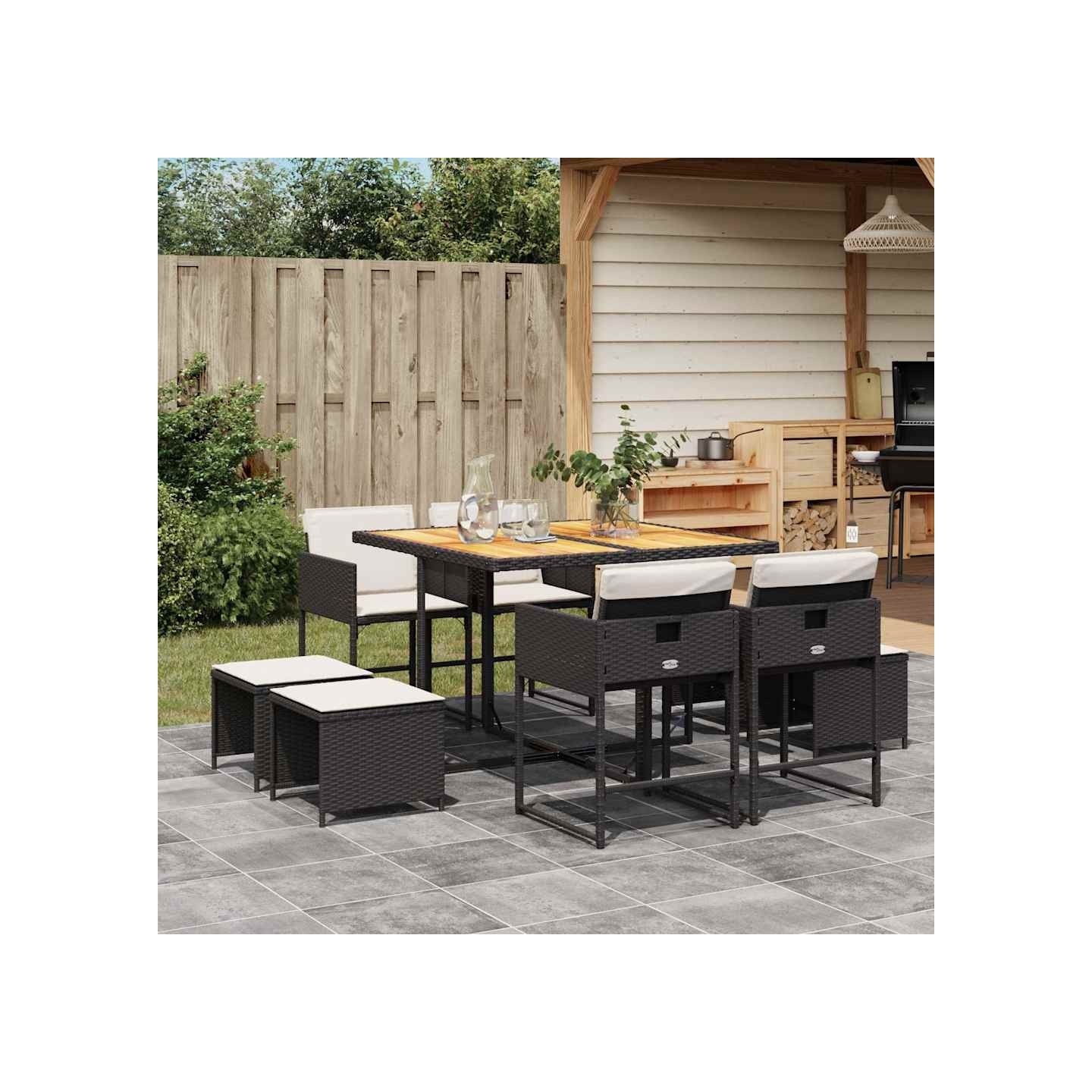 Ensemble à manger de jardin 9pcs coussins noir résine tressée