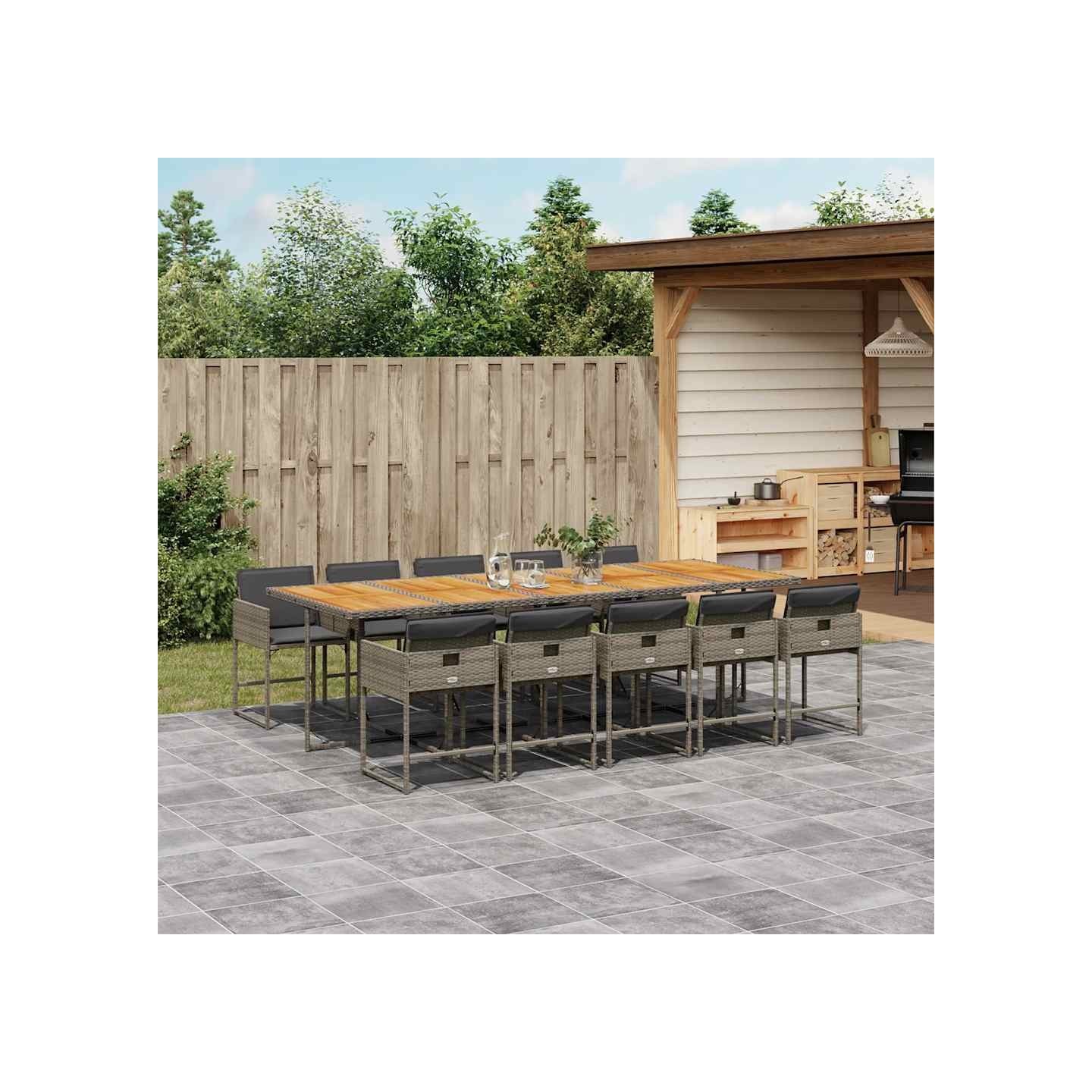 Ensemble à manger de jardin 11pcs avec coussins gris poly rotin