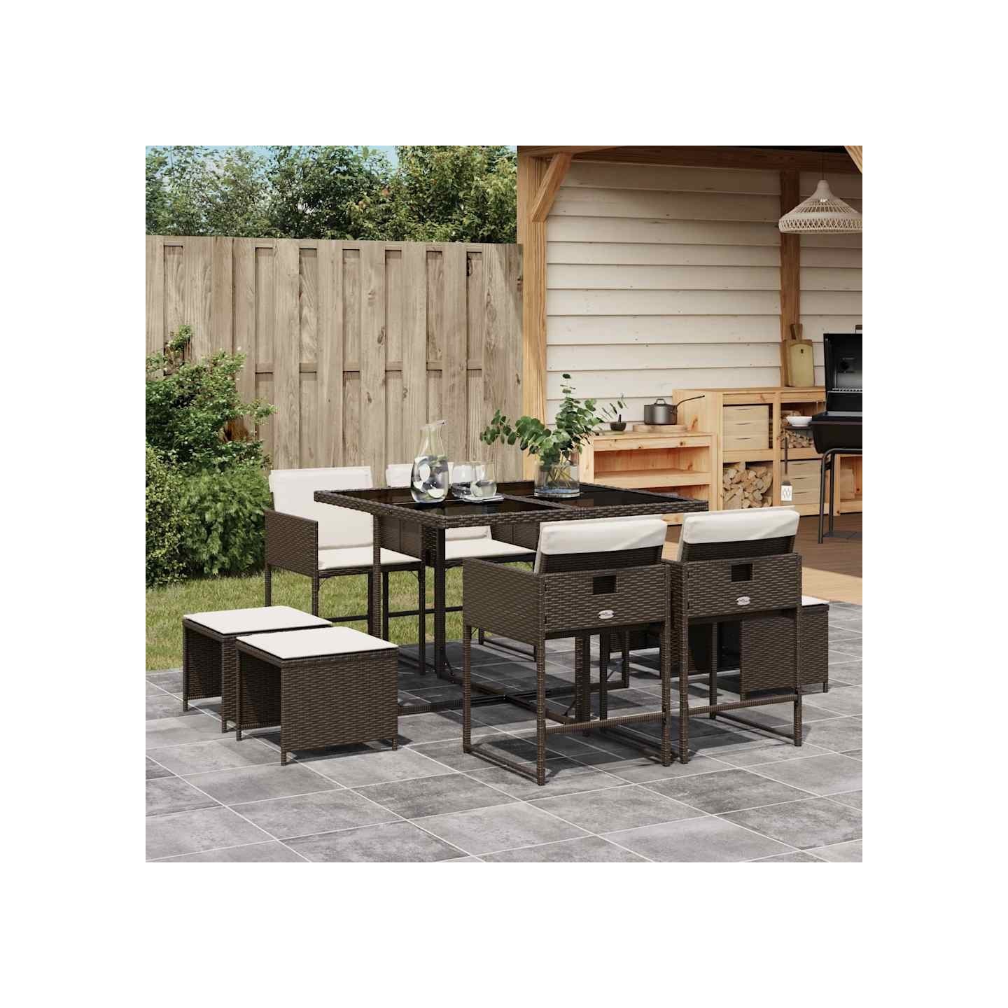 Ensemble à manger de jardin et coussins 9 pcs marron poly rotin