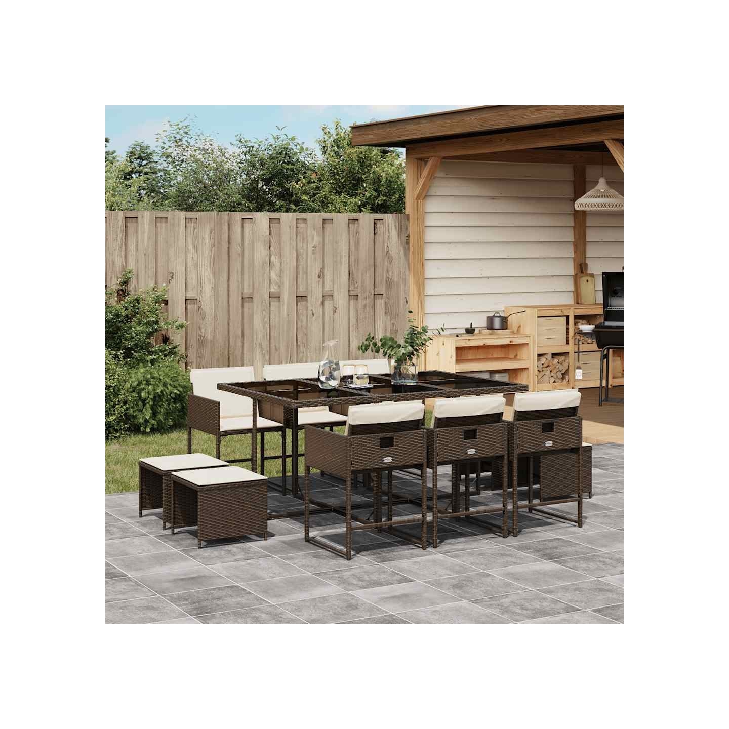 Ensemble à manger de jardin et coussins 11 pcs marron rotin