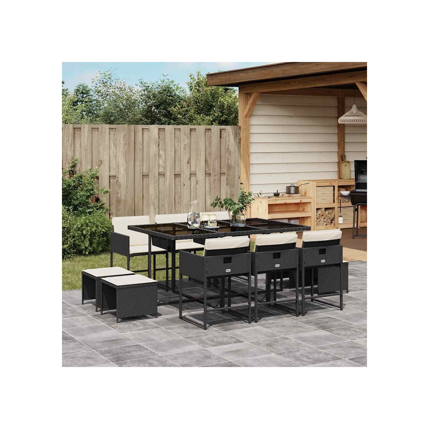 Ensemble à manger de jardin 11 pcs coussins noir résine tressée