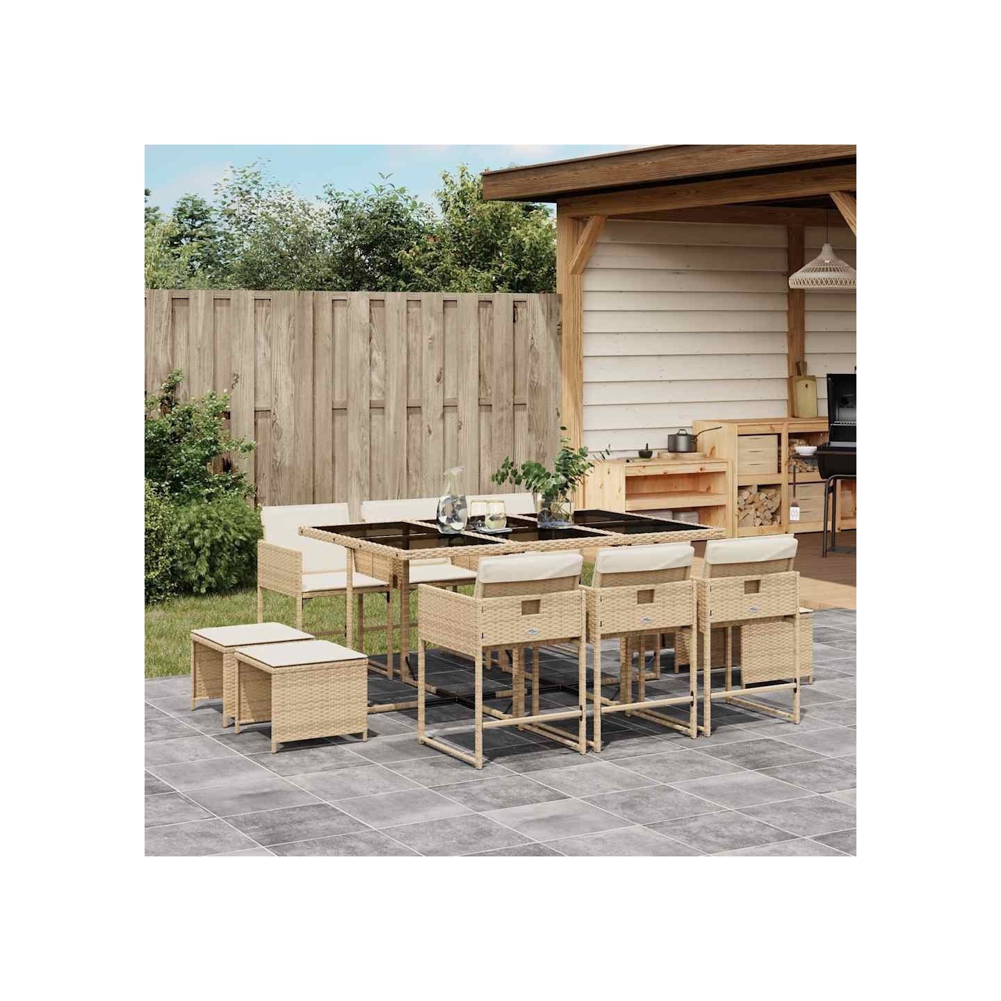 Ensemble à manger de jardin et coussins 11 pcs beige poly rotin