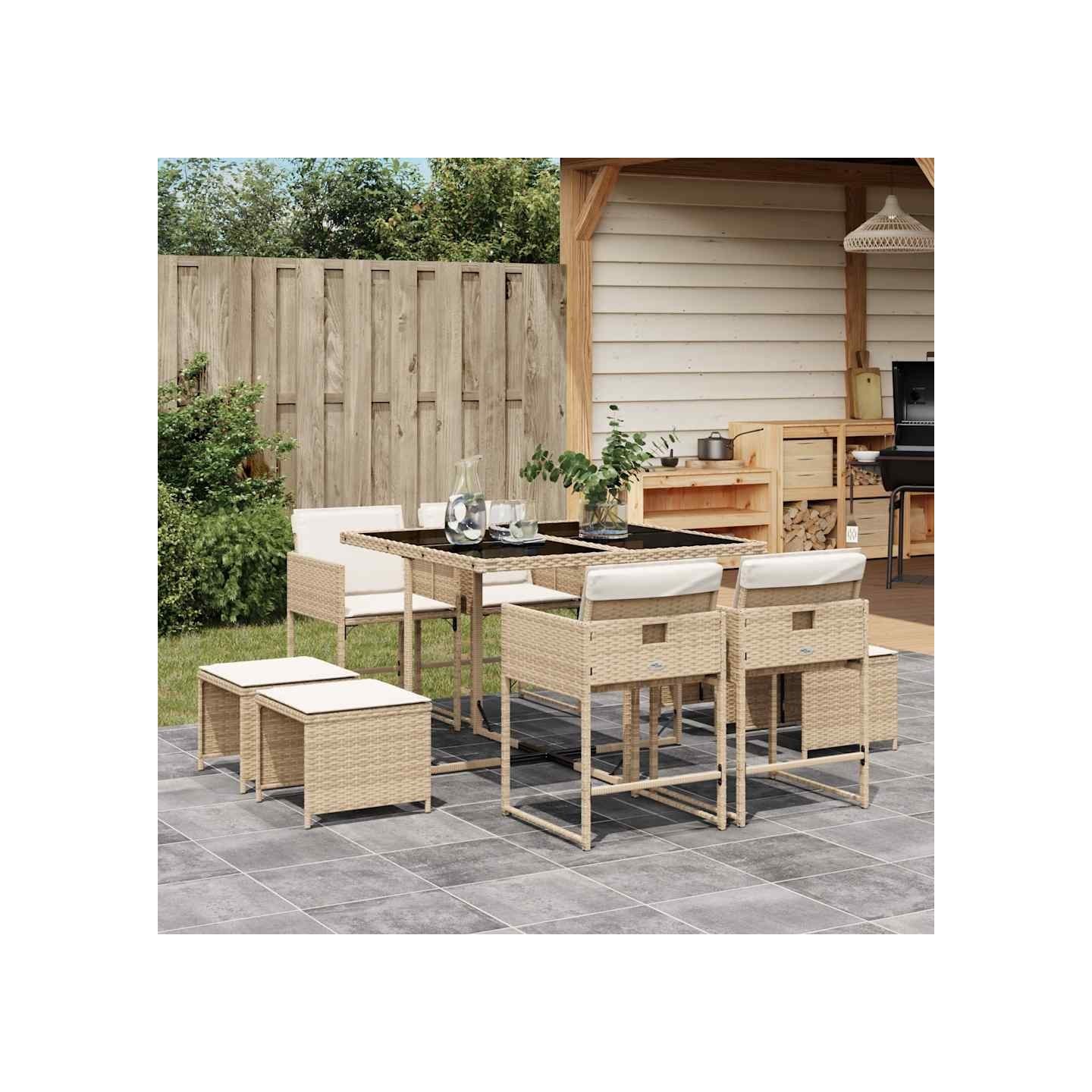 Ensemble à manger de jardin et coussins 9 pcs beige Poly rotin