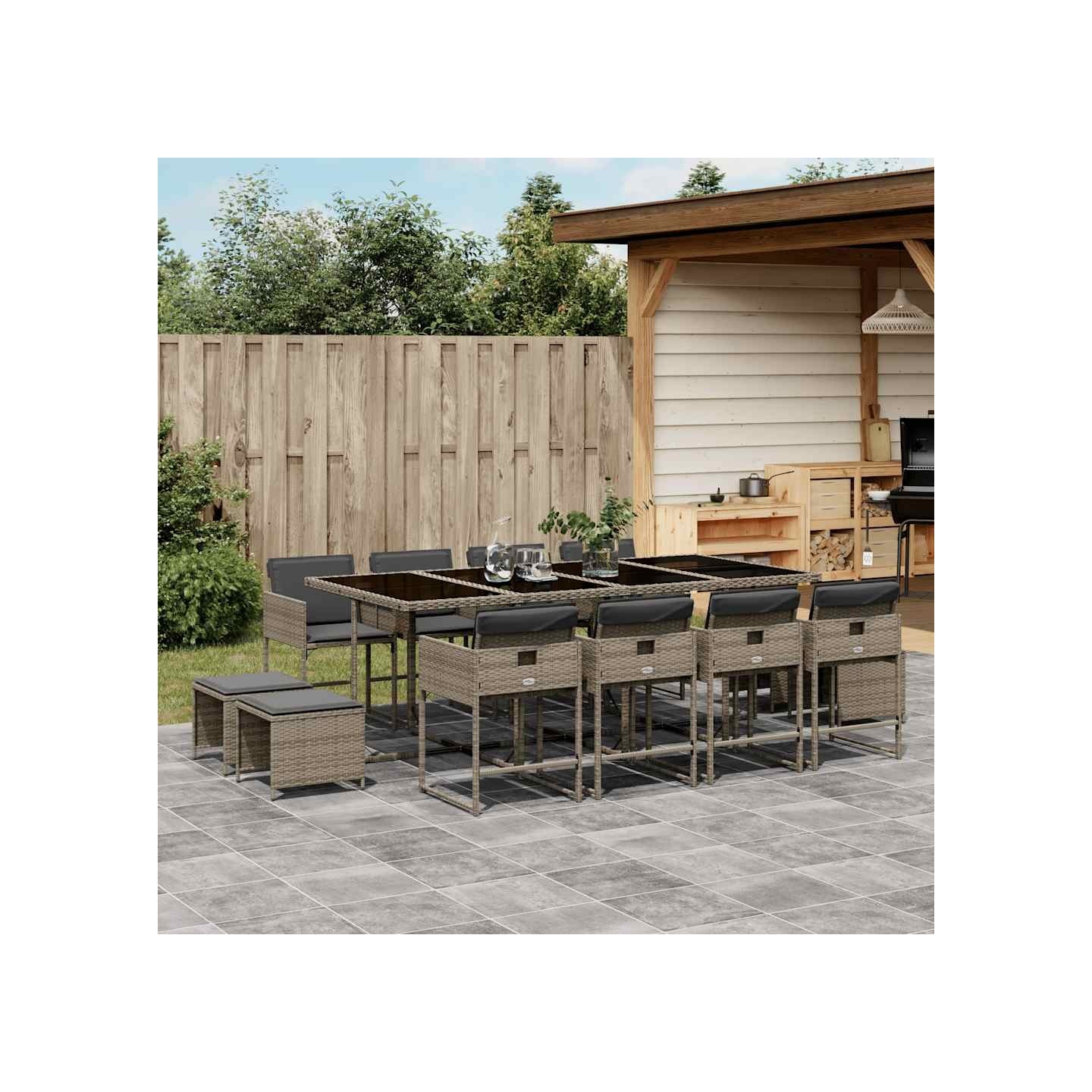 Ensemble à manger de jardin coussins 13 pcs gris résine tressée