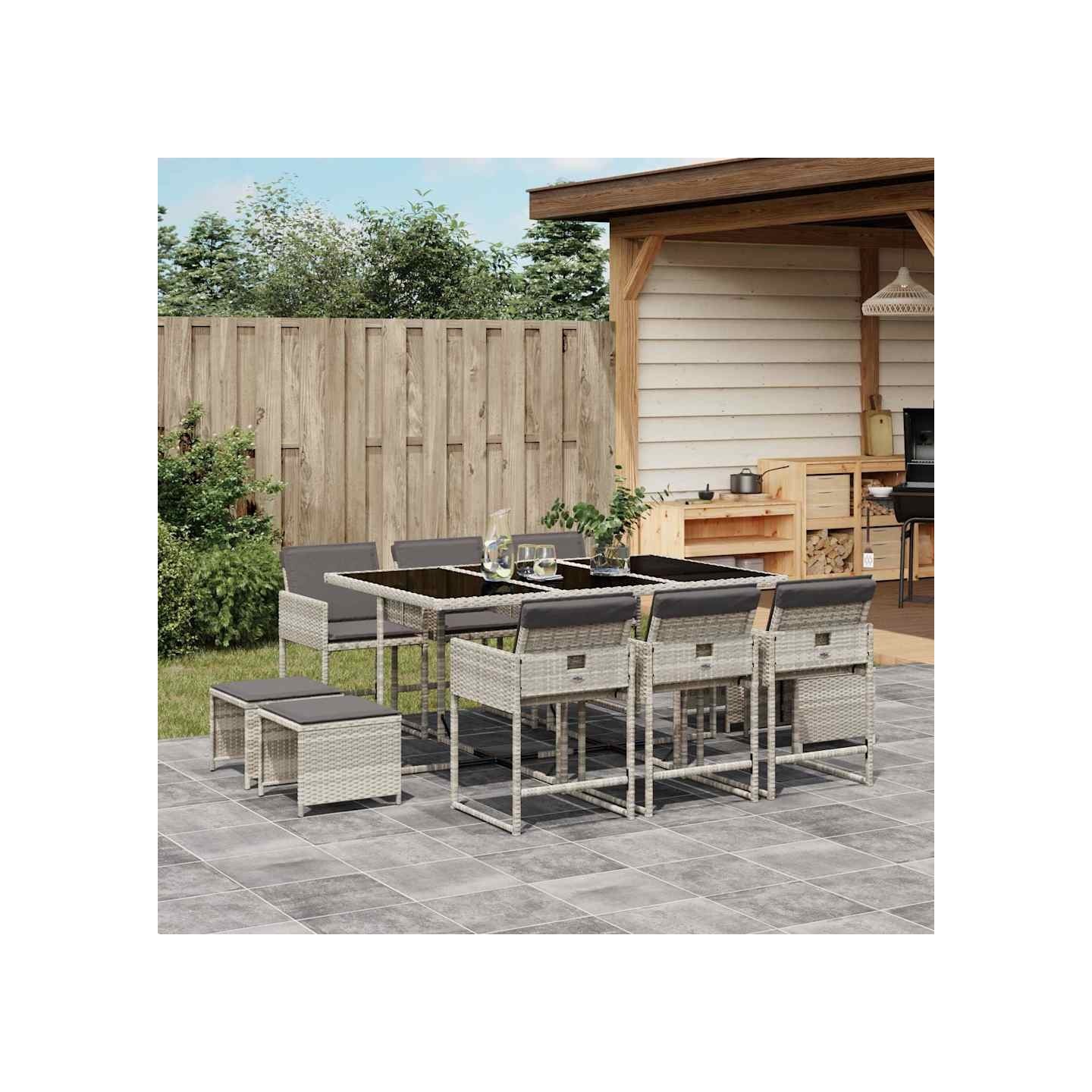 Ensemble à manger de jardin 11pcs avec coussins gris poly rotin