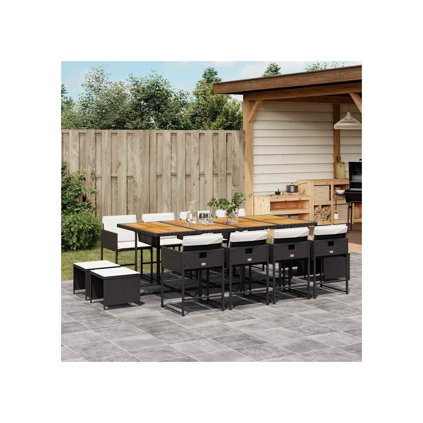 Ensemble à manger de jardin 13 pcs coussins noir résine tressée