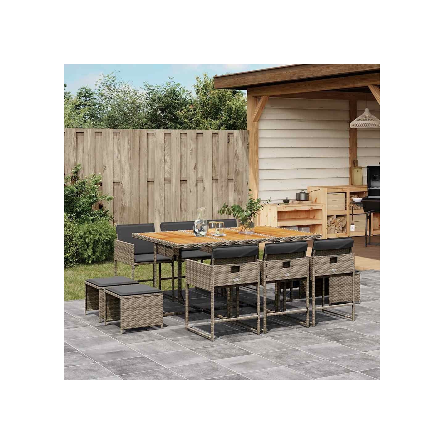 Ensemble à manger de jardin 11pcs avec coussins gris poly rotin