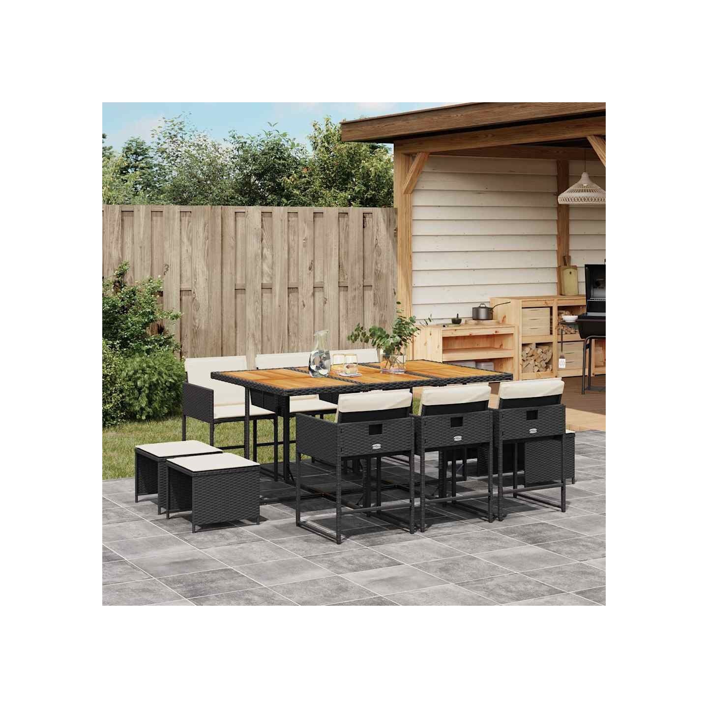 Ensemble à manger de jardin 11 pcs coussins noir résine tressée
