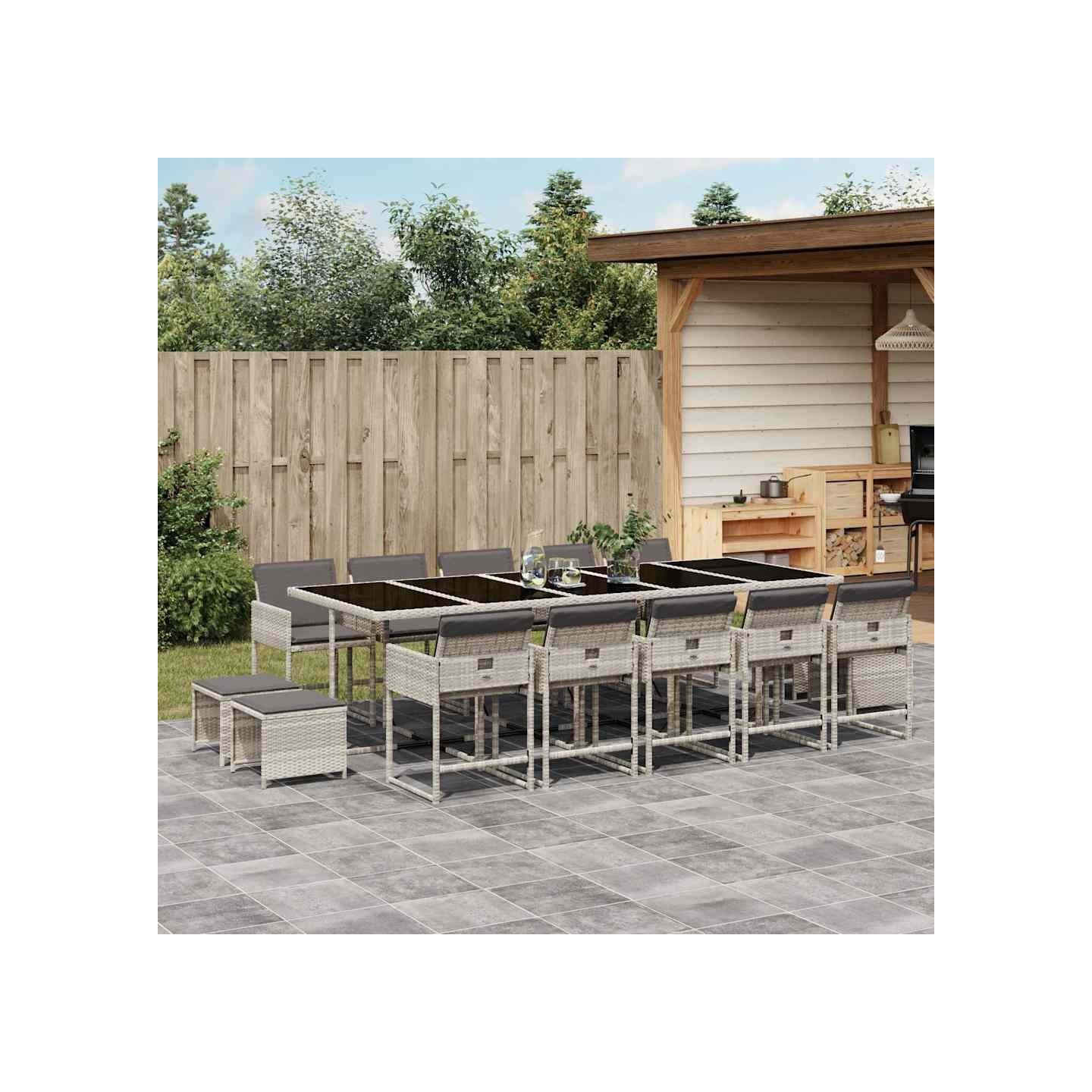 Ensemble à manger de jardin et coussins 15 pcs gris clair rotin