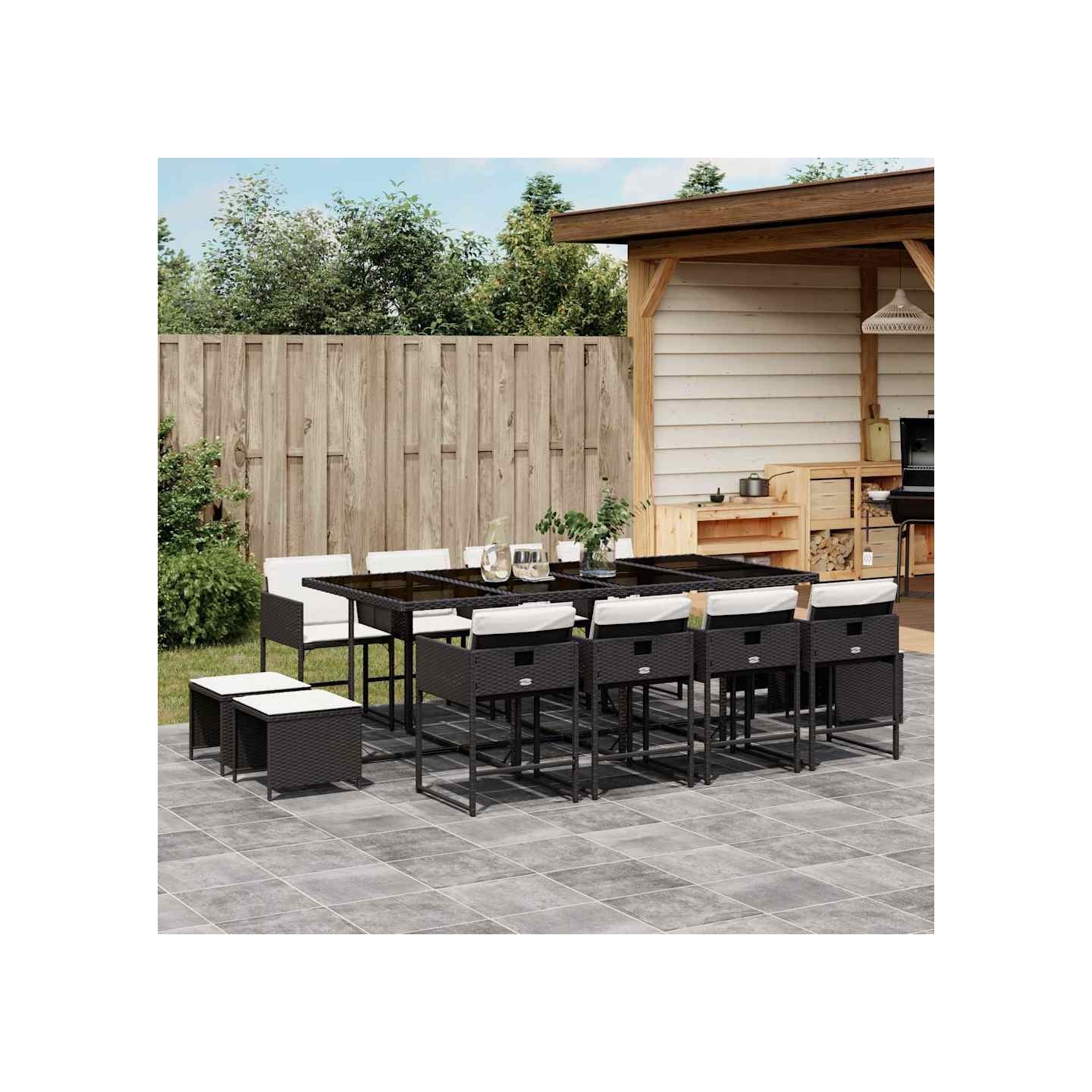 Ensemble à manger de jardin 13 pcs coussins noir résine tressée