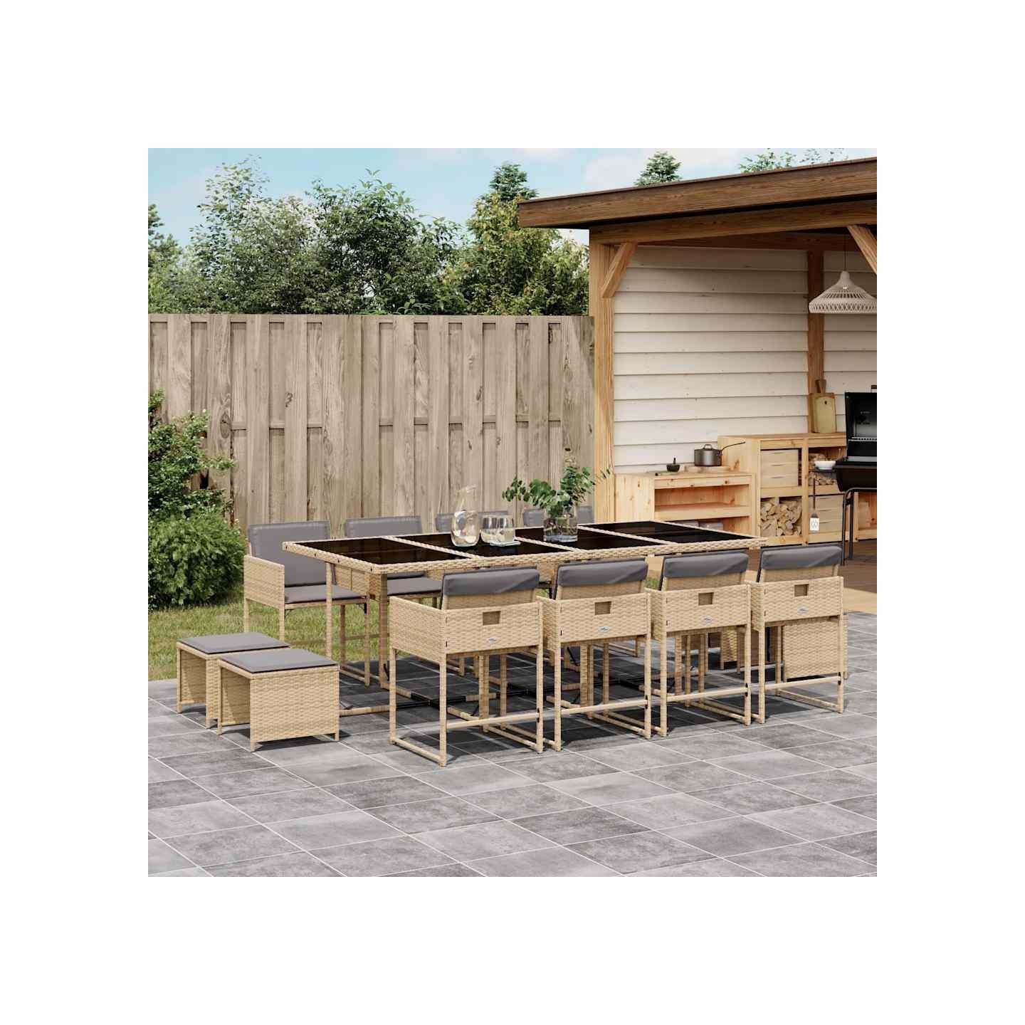 Ensemble à manger de jardin coussins 13 pcs mélange beige rotin