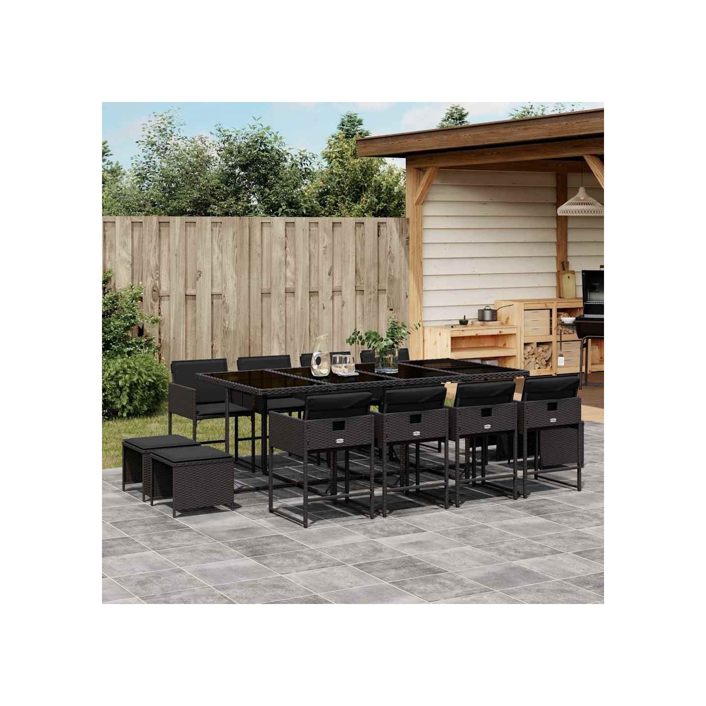 Ensemble à manger de jardin 13 pcs coussins noir résine tressée