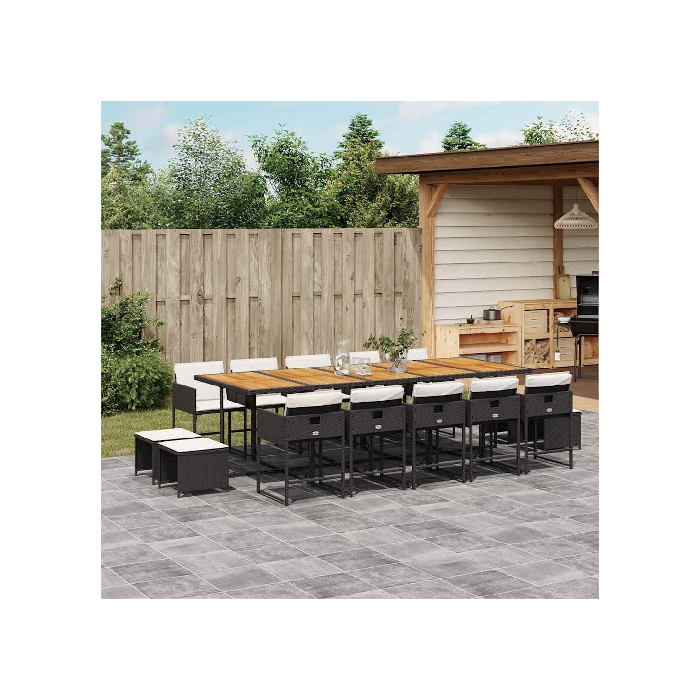 Ensemble à manger de jardin 15 pcs coussins noir résine tressée