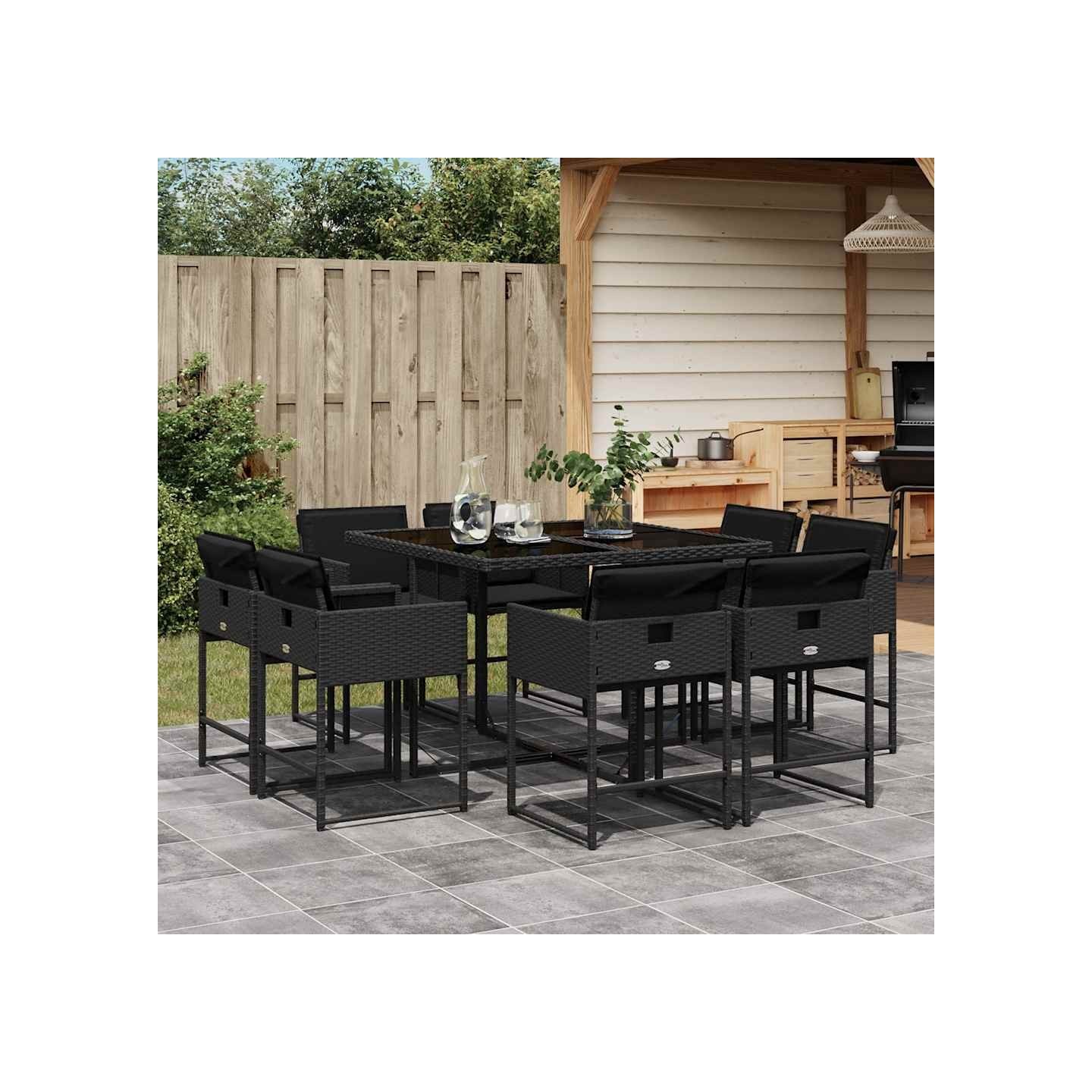 Ensemble à manger de jardin 9pcs coussins noir résine tressée