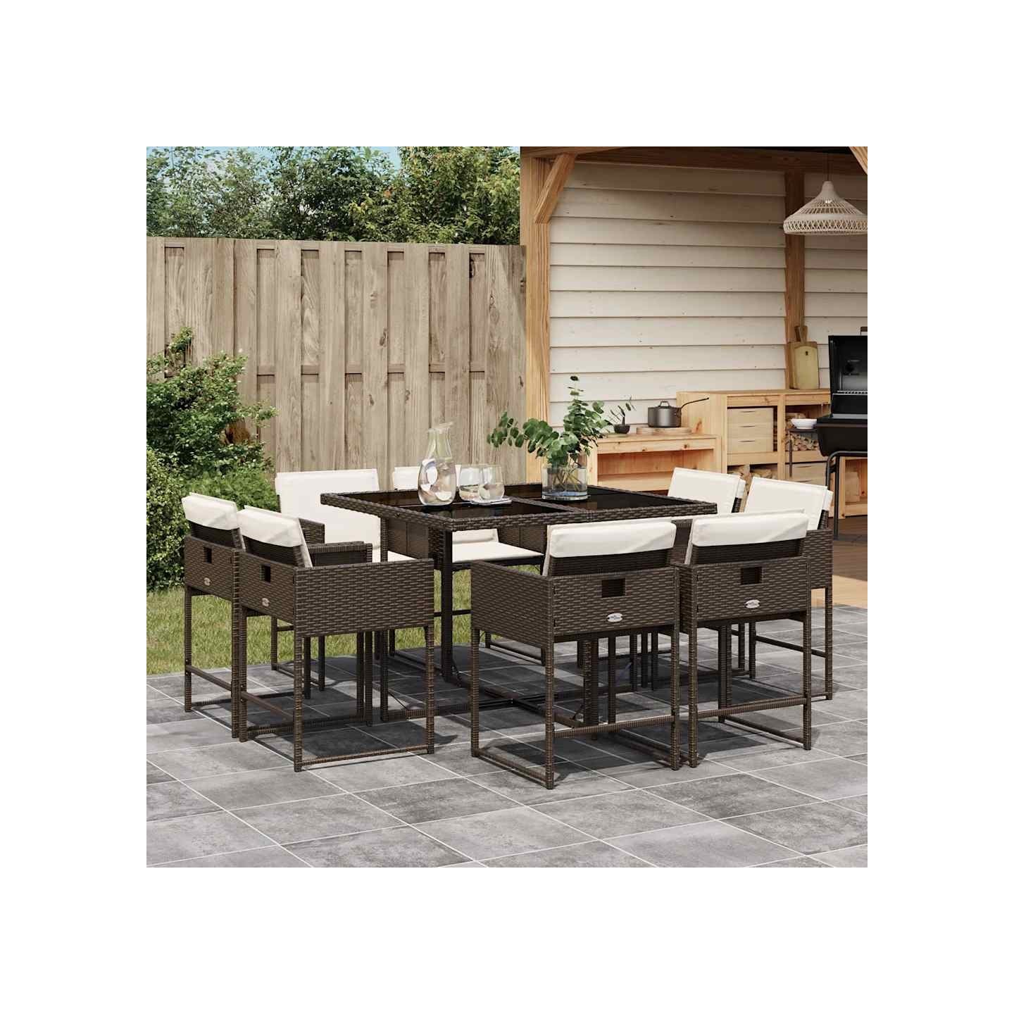 Ensemble à manger de jardin et coussins 9 pcs marron poly rotin
