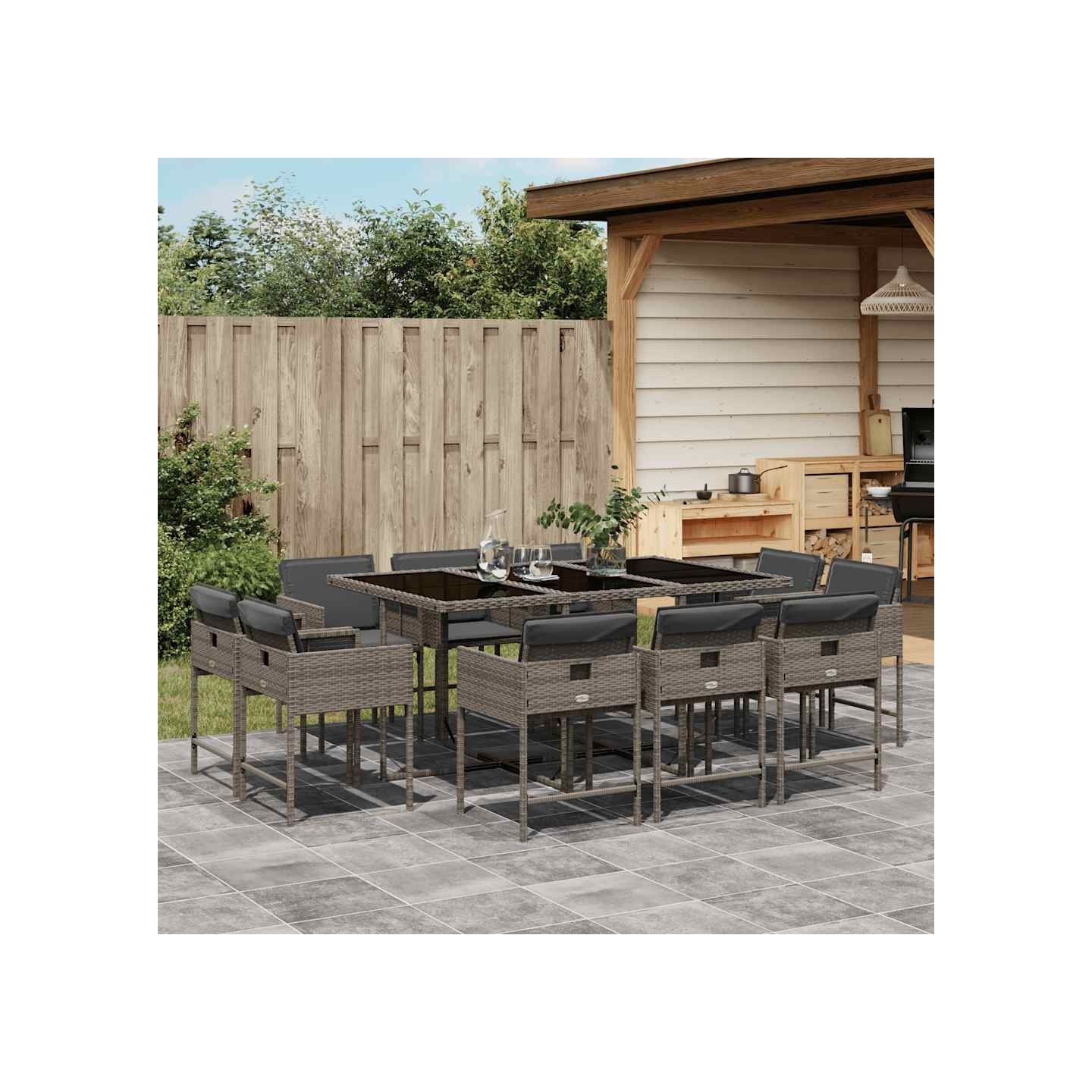 Ensemble à manger de jardin 11pcs avec coussins gris poly rotin