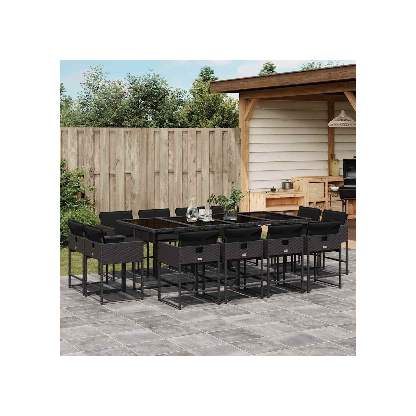Ensemble à manger de jardin 13 pcs coussins noir résine tressée