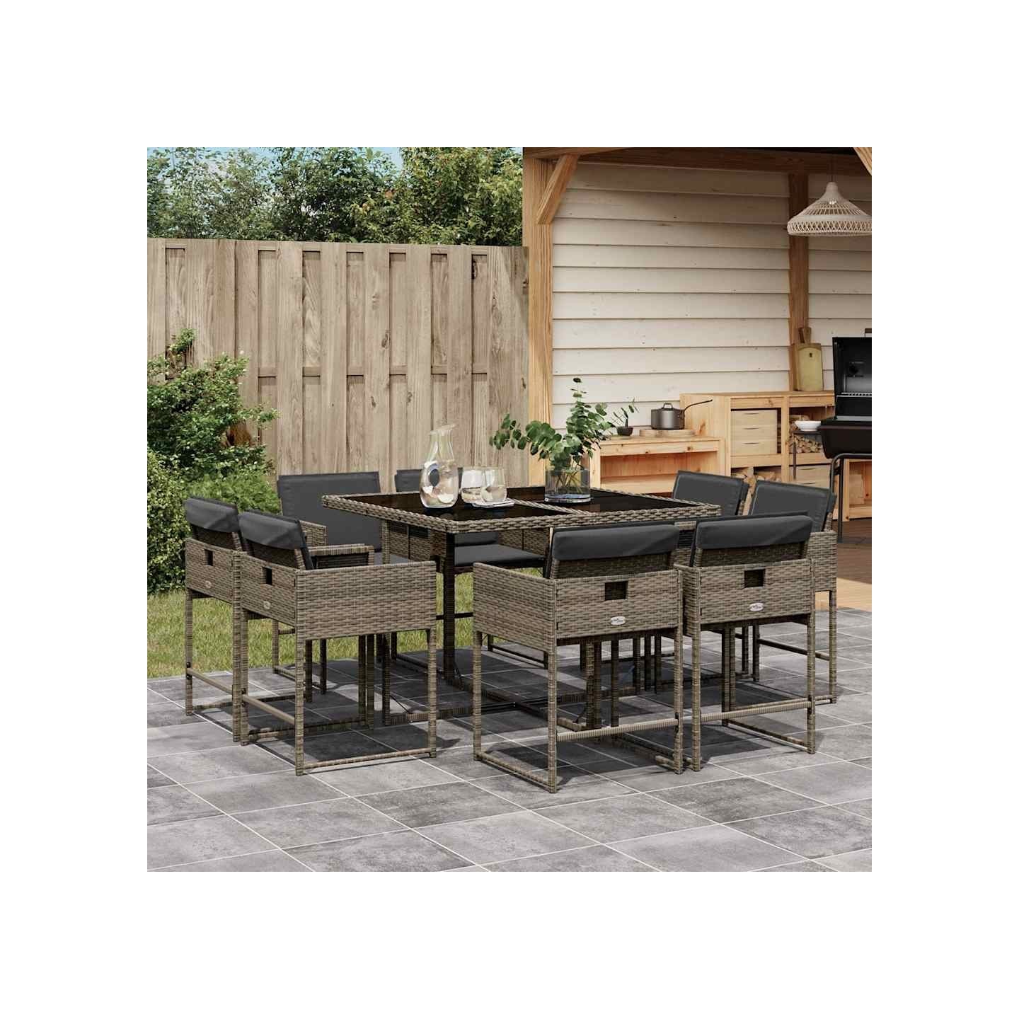 Ensemble à manger de jardin 9 pcs coussins gris résine tressée