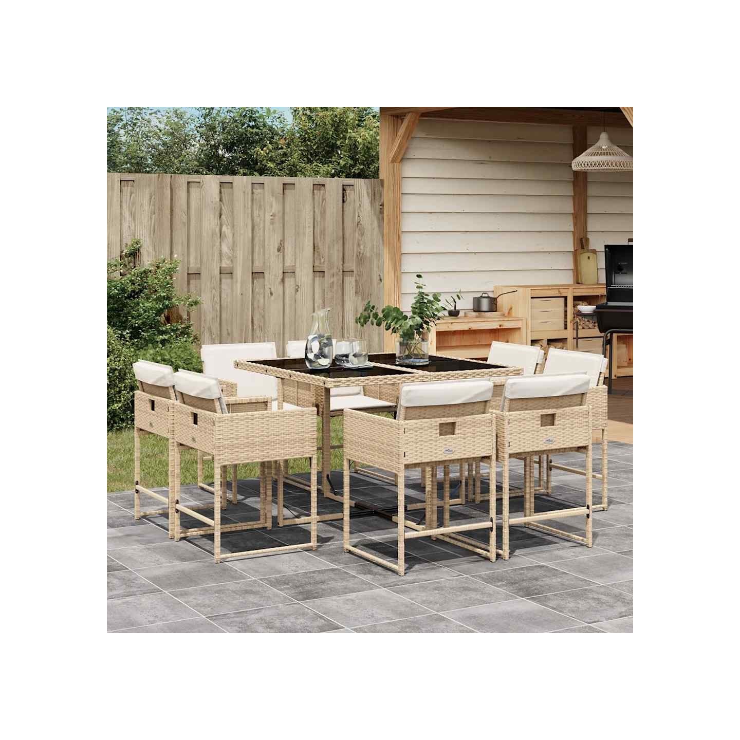 Ensemble à manger de jardin et coussins 9 pcs beige Poly rotin
