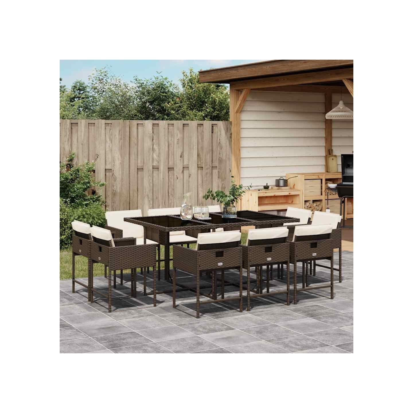 Ensemble à manger de jardin et coussins 11 pcs marron rotin