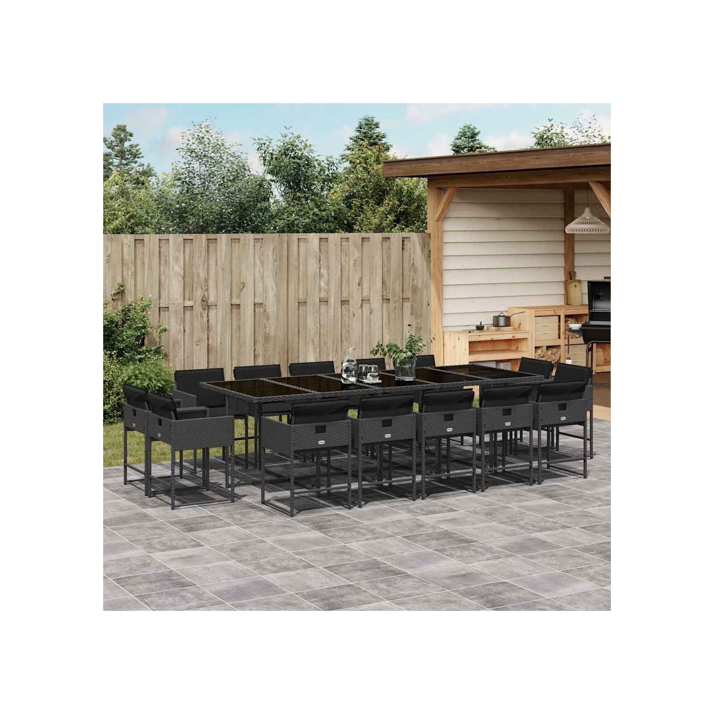 Ensemble à manger de jardin 15 pcs coussins noir résine tressée