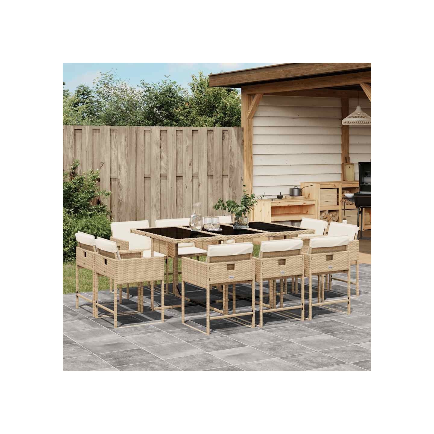 Ensemble à manger de jardin et coussins 11 pcs beige poly rotin