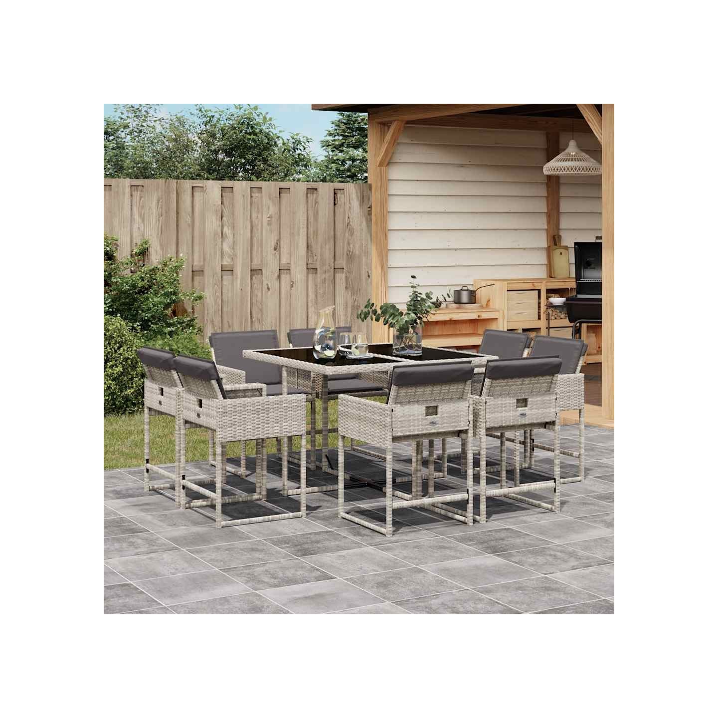 Ensemble à manger de jardin et coussins 9 pcs gris clair rotin