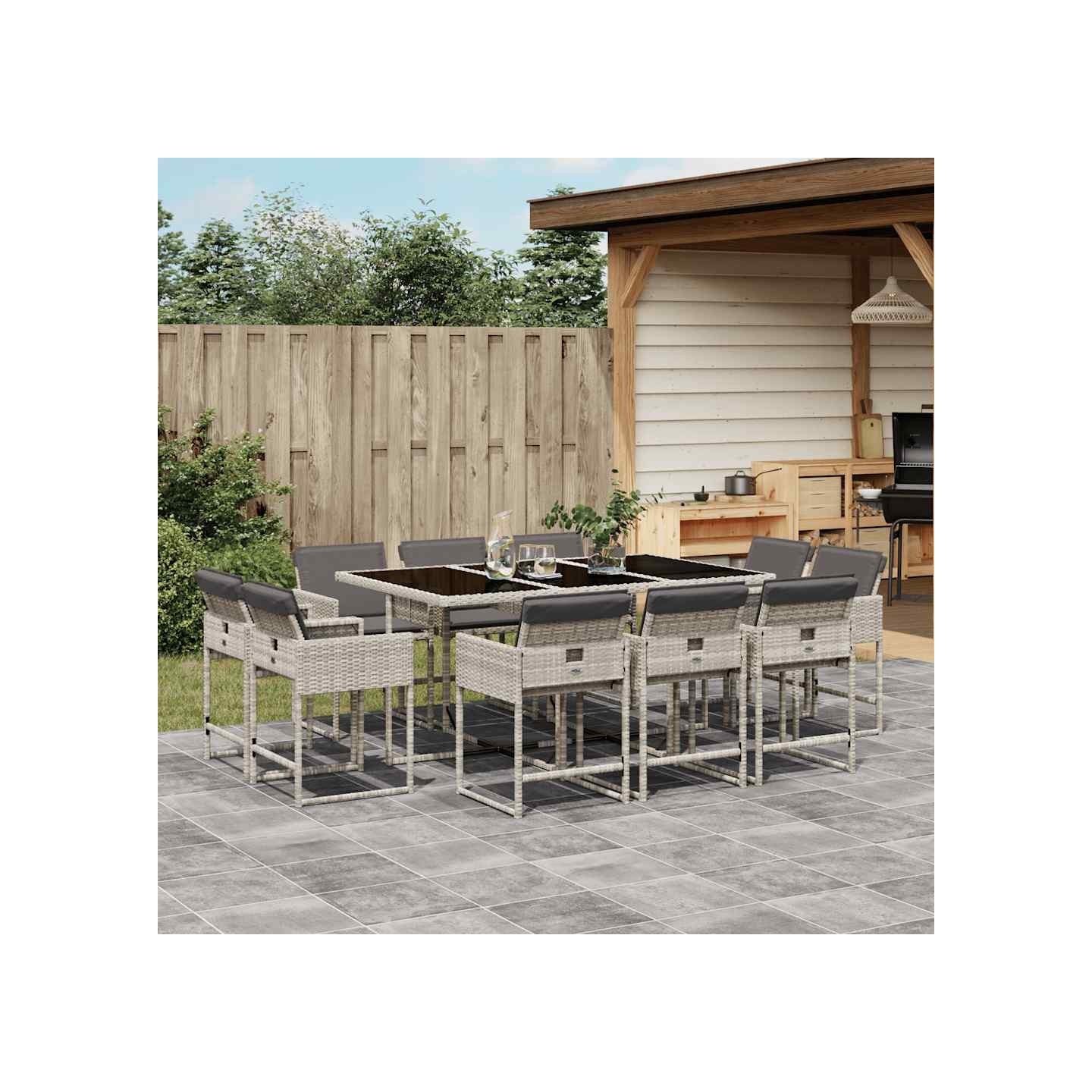 Ensemble à manger de jardin 11pcs avec coussins gris poly rotin