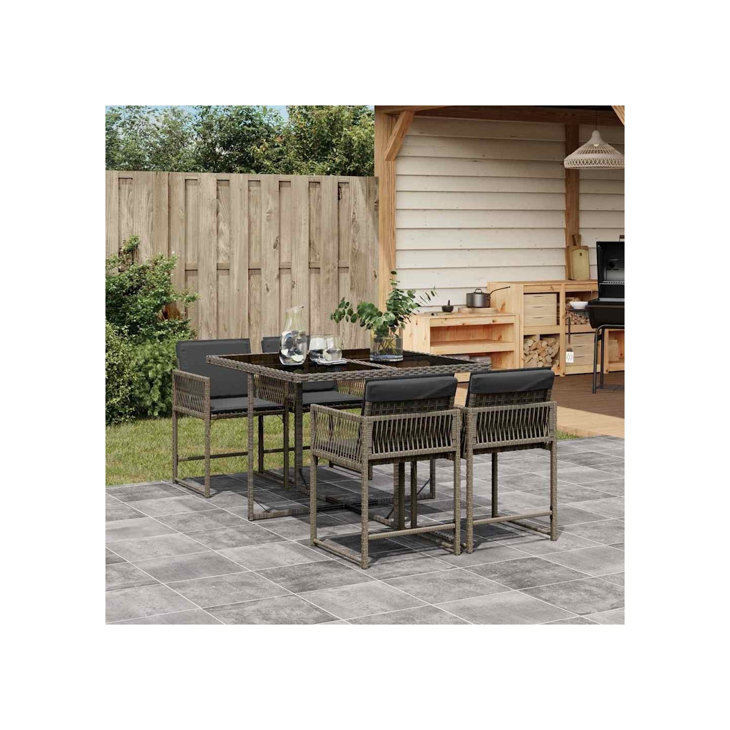 Ensemble à manger de jardin 5 pcs coussins gris résine tressée