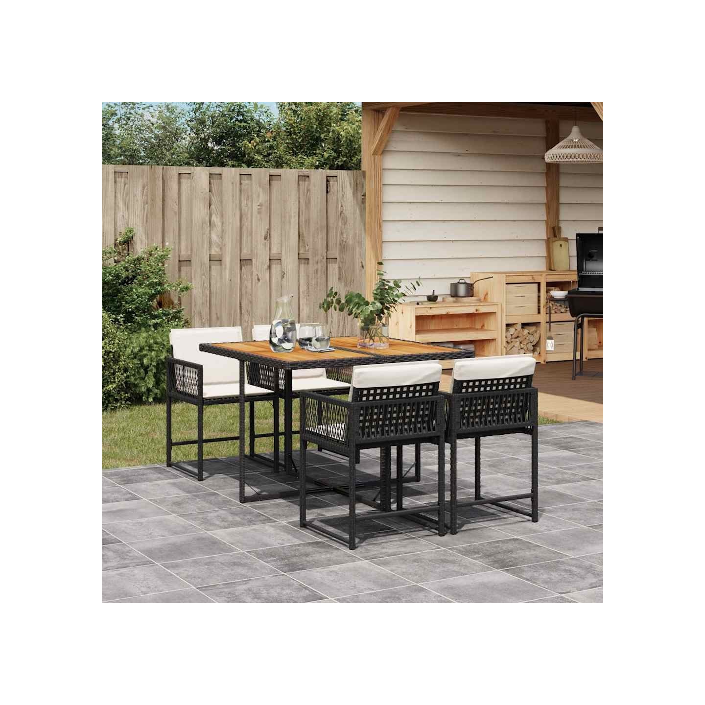 Ensemble à manger de jardin coussins 5pcs Noir Résine tressée