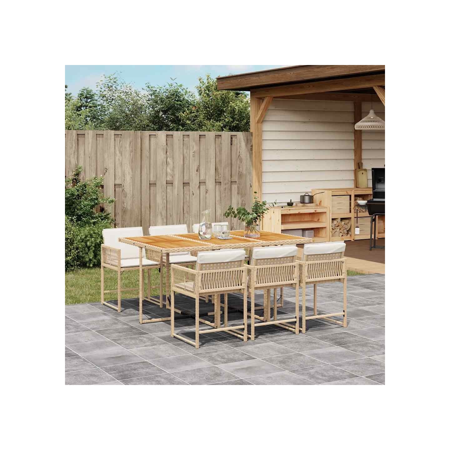 Ensemble à manger de jardin et coussins 7 pcs beige poly rotin