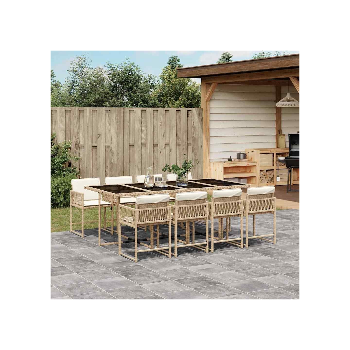 Ensemble à manger de jardin et coussins 9 pcs beige Poly rotin