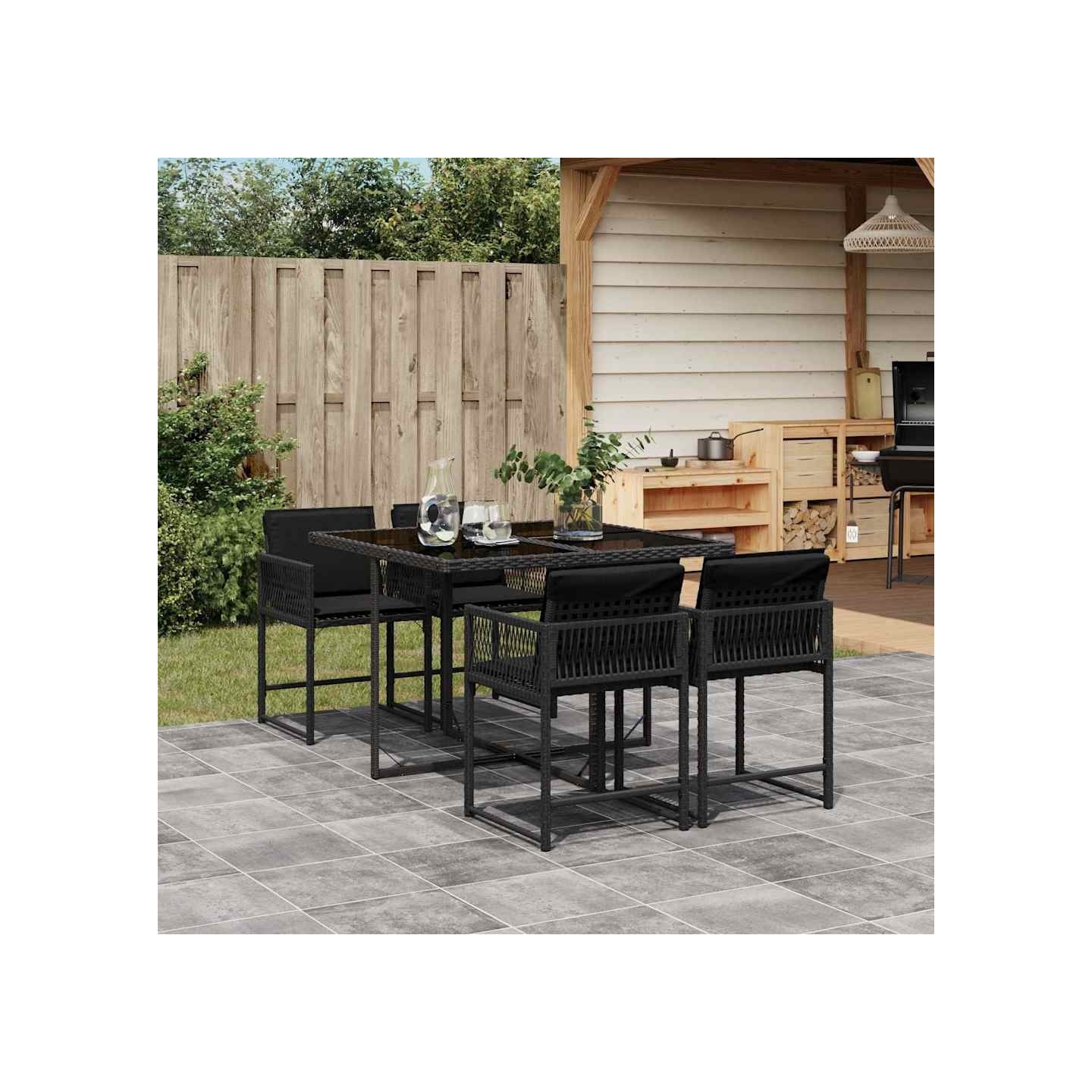 Ensemble à manger de jardin coussins 5pcs Noir Résine tressée